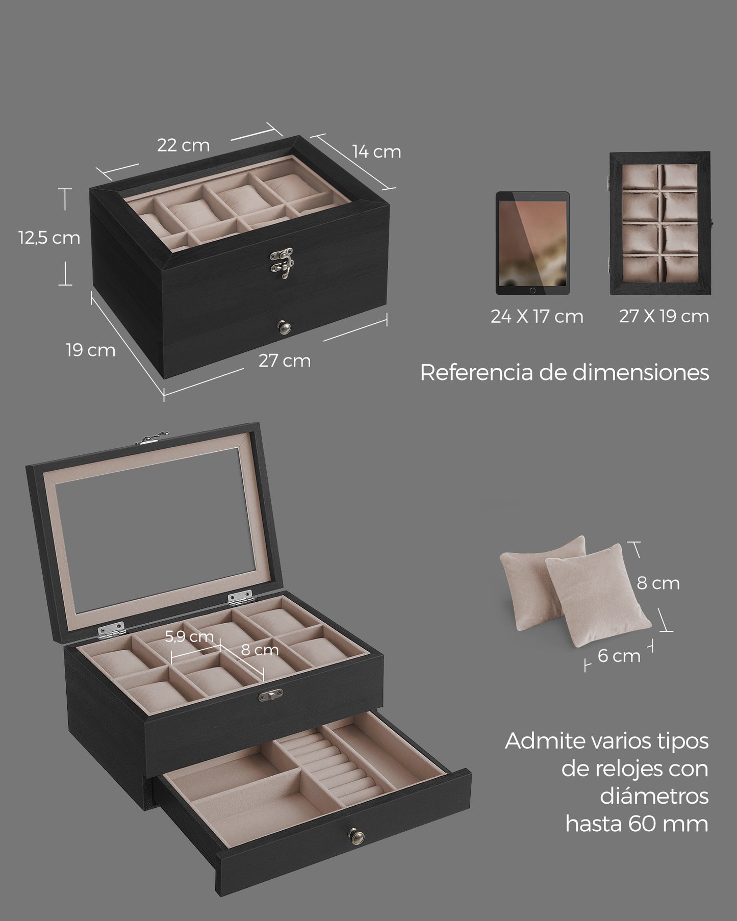 Caja de Relojes con 8 Ranuras Negro Ébano-SONGMICS