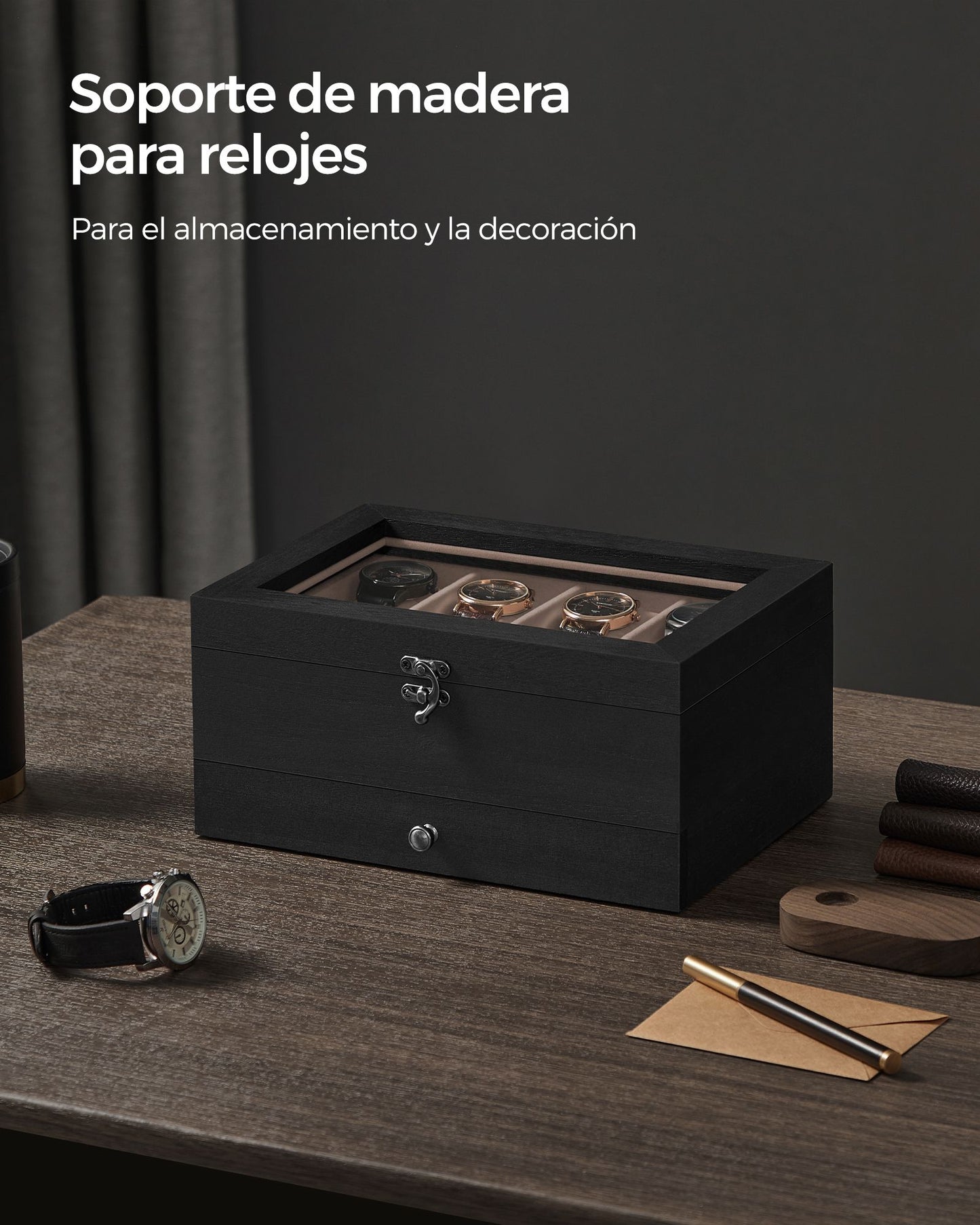 Caja de Relojes con 8 Ranuras Negro Ébano-SONGMICS