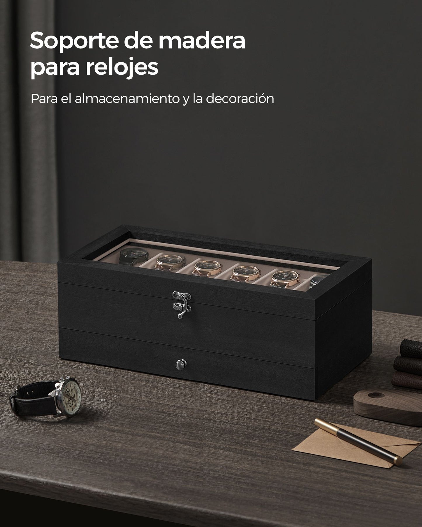 Caja de Relojes con 12 Ranuras Negro Ébano-SONGMICS