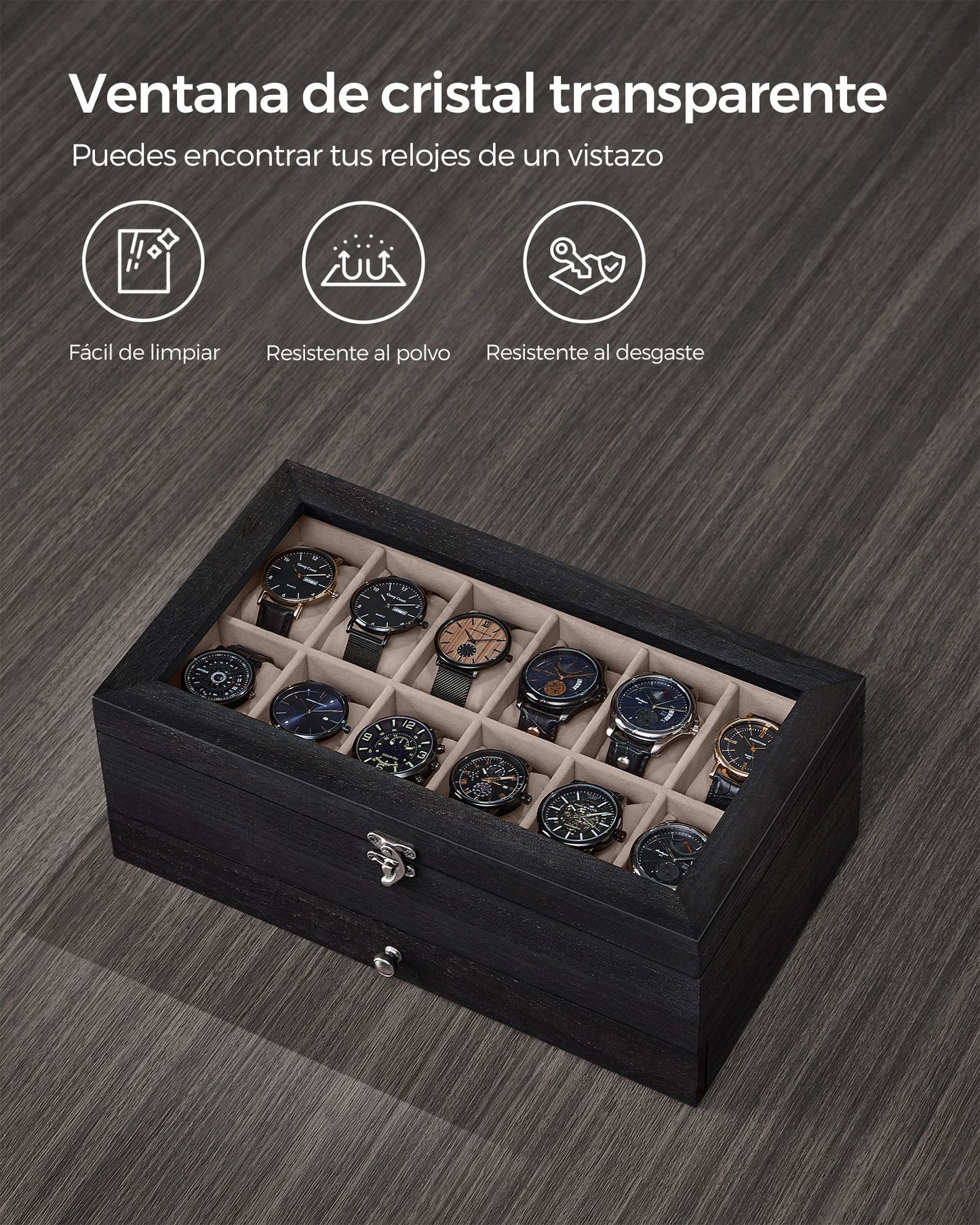 Caja de Relojes con 12 Ranuras Negro Ébano-SONGMICS