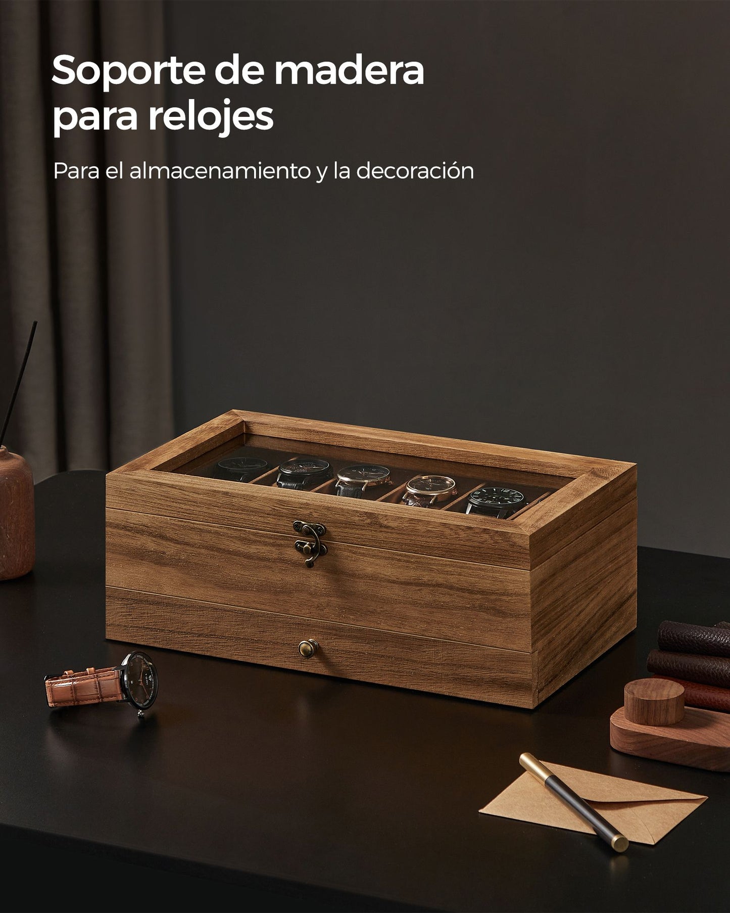 Caja de Relojes con 12 Ranuras Nogal Rústico-SONGMICS