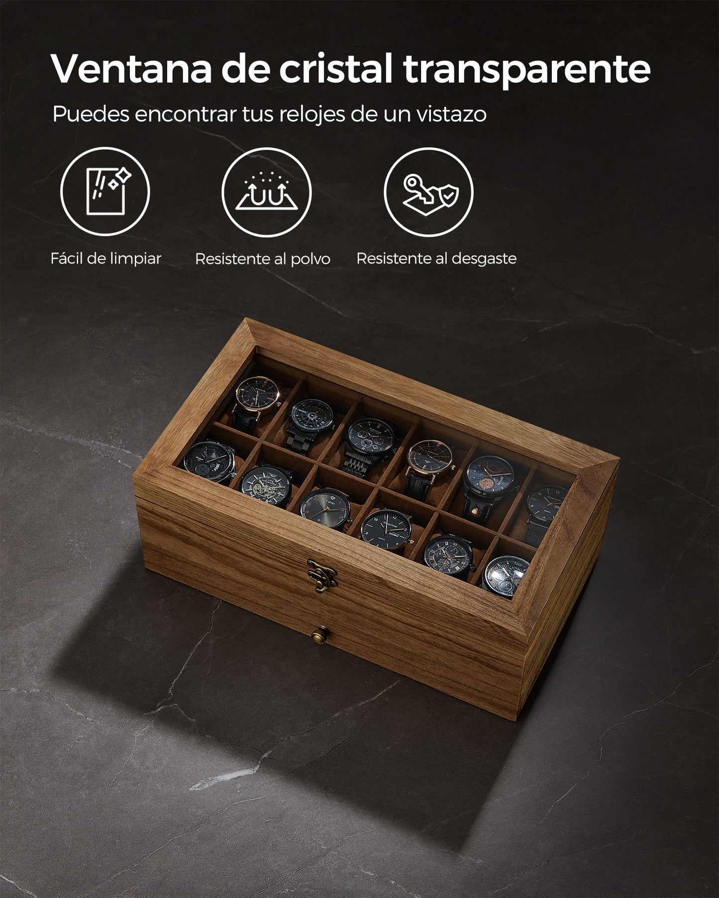 Caja de Relojes con 12 Ranuras Nogal Rústico-SONGMICS