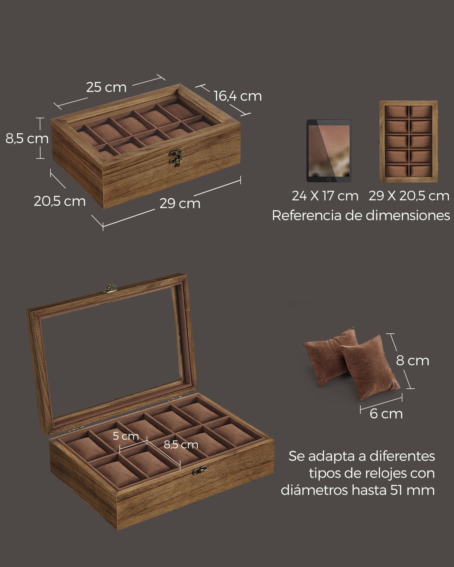 Caja para Relojes con 6 Compartimentos Nogal Rústico-SONGMICS