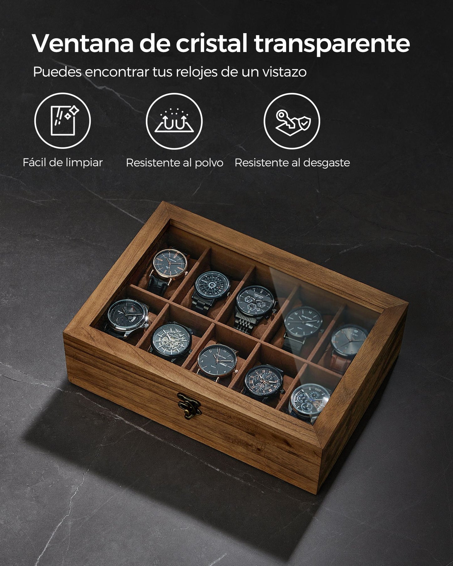 Caja para Relojes con 6 Compartimentos Nogal Rústico-SONGMICS