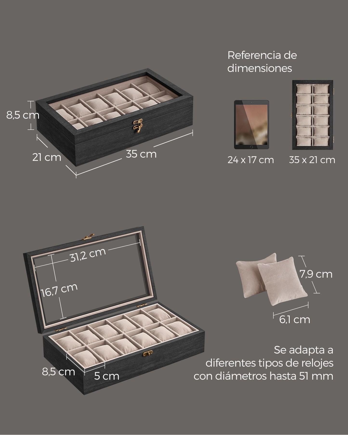 Caja para Relojes con 12 Compartimentos Negro Ébano-SONGMICS