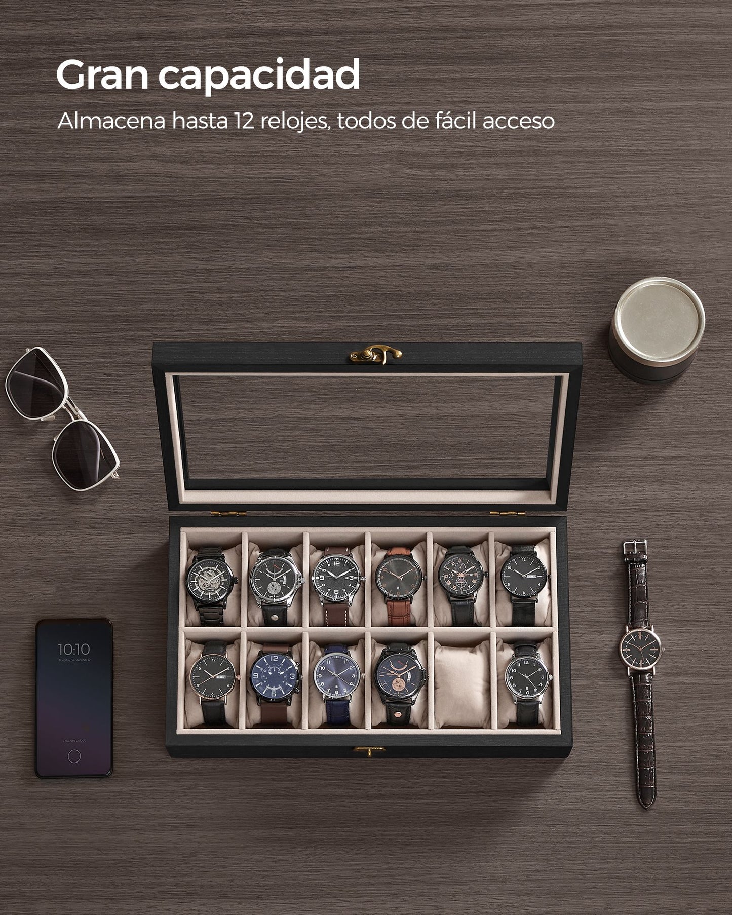 Caja para Relojes con 12 Compartimentos Negro Ébano-SONGMICS