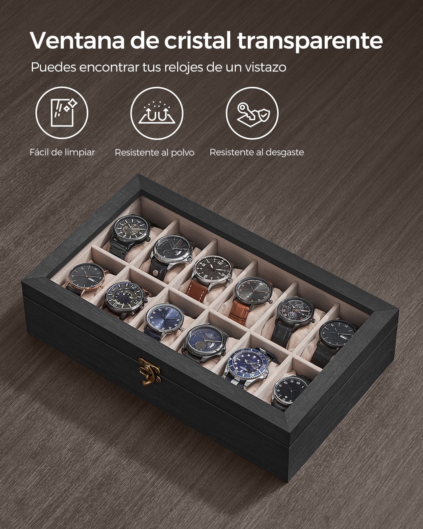 Caja para Relojes con 12 Compartimentos Negro Ébano-SONGMICS