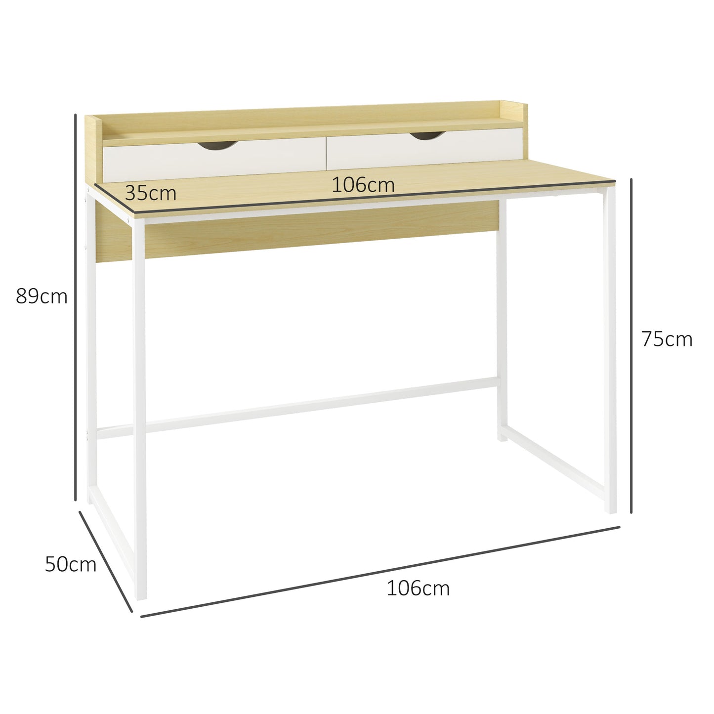 HOMCOM Mesa Escritorio Moderna Mesa de Ordenador con Estante de Almacenamiento y 2 Cajones Extraíbles para Oficina Estudio 106x50x89 cm Blanco