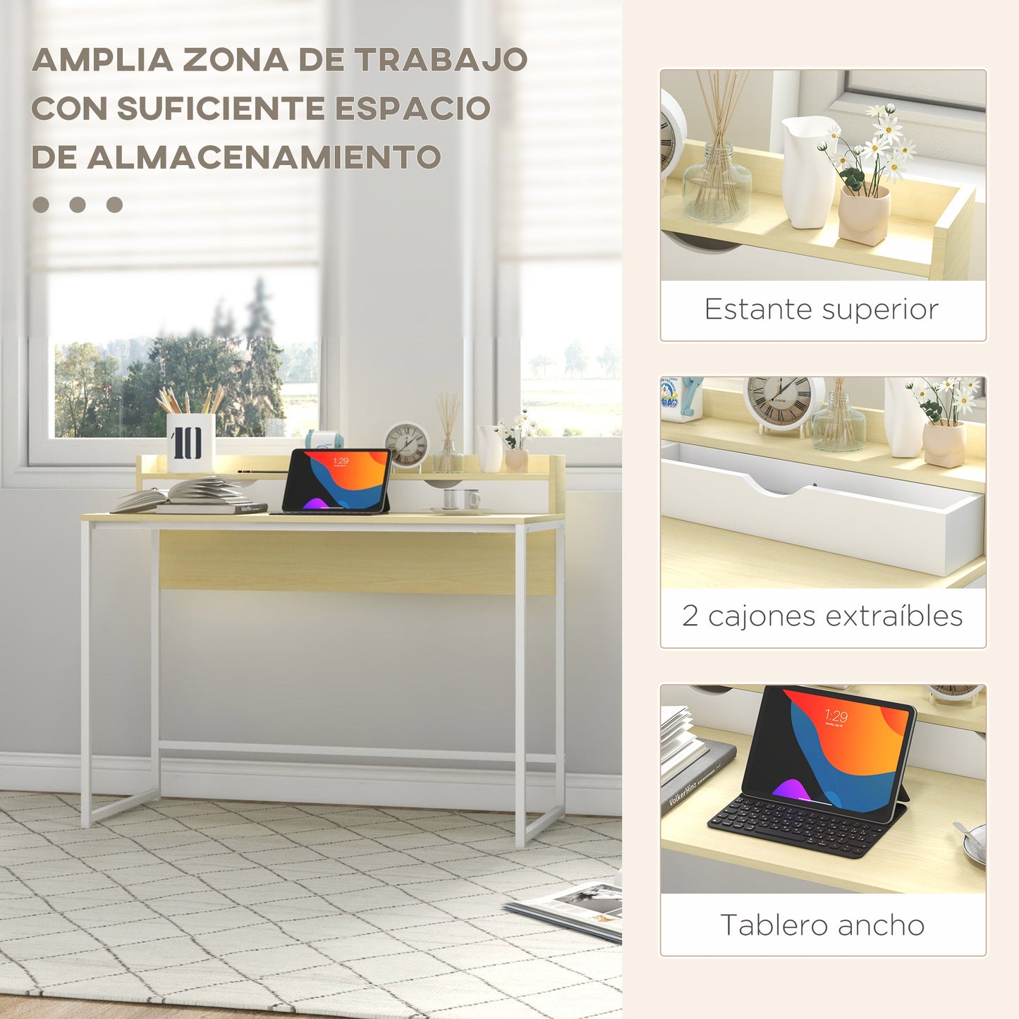 HOMCOM Mesa Escritorio Moderna Mesa de Ordenador con Estante de Almacenamiento y 2 Cajones Extraíbles para Oficina Estudio 106x50x89 cm Blanco