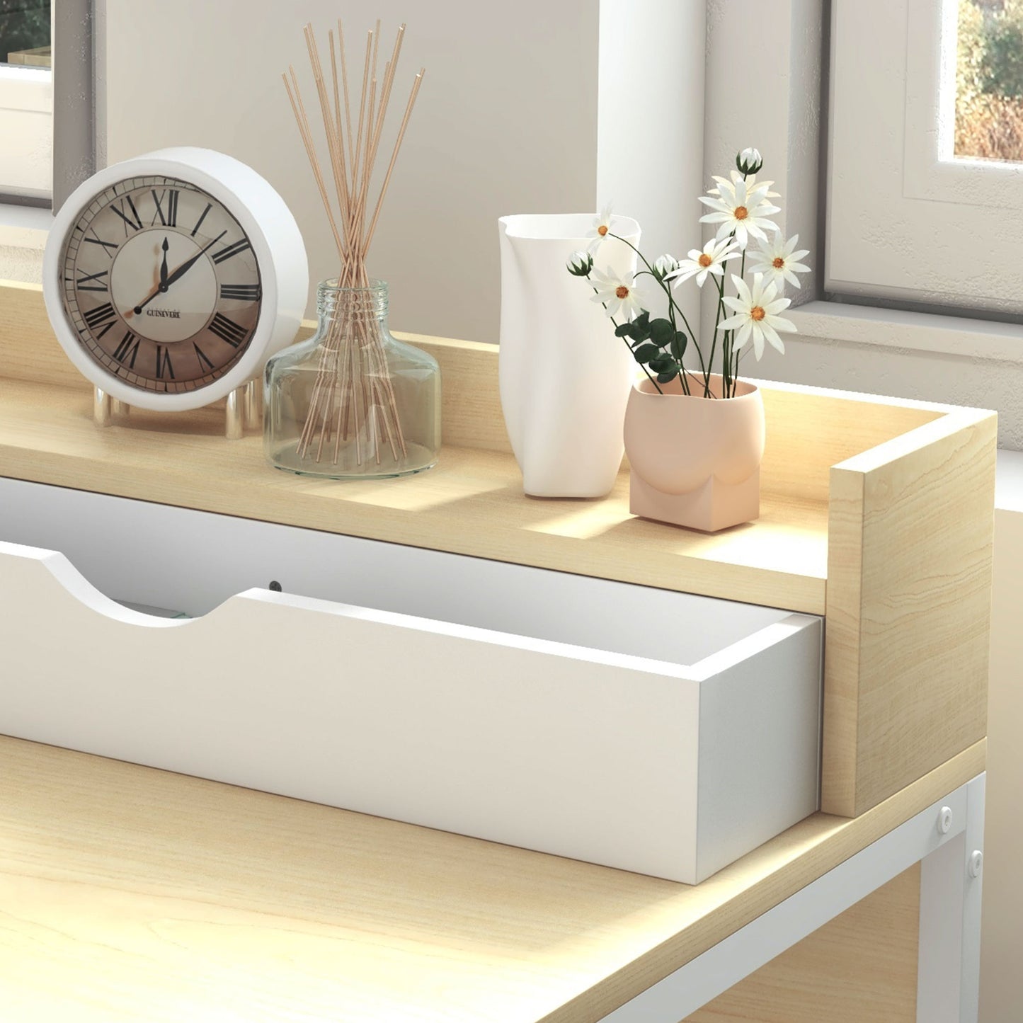 HOMCOM Mesa Escritorio Moderna Mesa de Ordenador con Estante de Almacenamiento y 2 Cajones Extraíbles para Oficina Estudio 106x50x89 cm Blanco