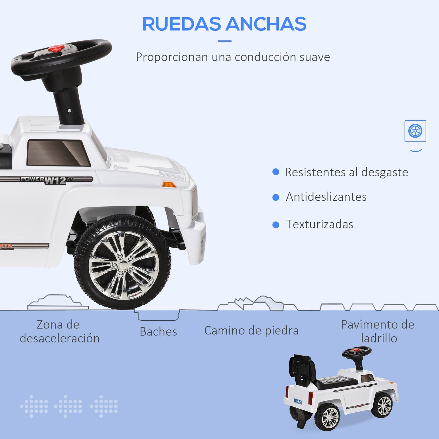 HOMCOM Coche Correpasillos para Bebé de 18-36 Meses Coche sin Pedales con Faros Música Bocina Compartimento de Almacenaje y Respaldo Alto 68x30,5x41,5 cm Blanco