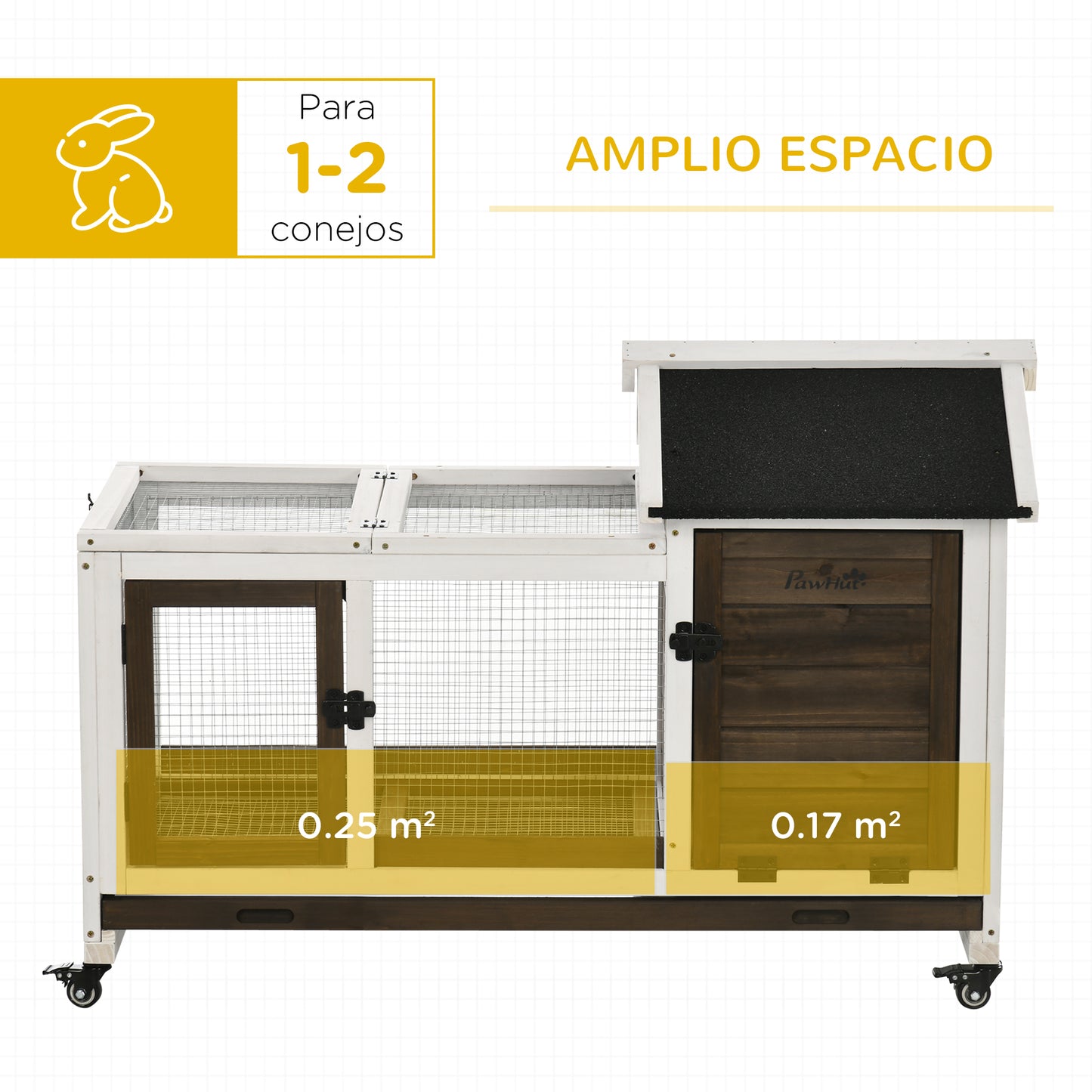 PawHut Conejera de Madera con Ruedas 108x58x73,5 cm Jaula para 1-2 Conejos con Techo Abrible Corral Metálico Bandeja Extraíble Puertas con Pestillo y Rampa Café