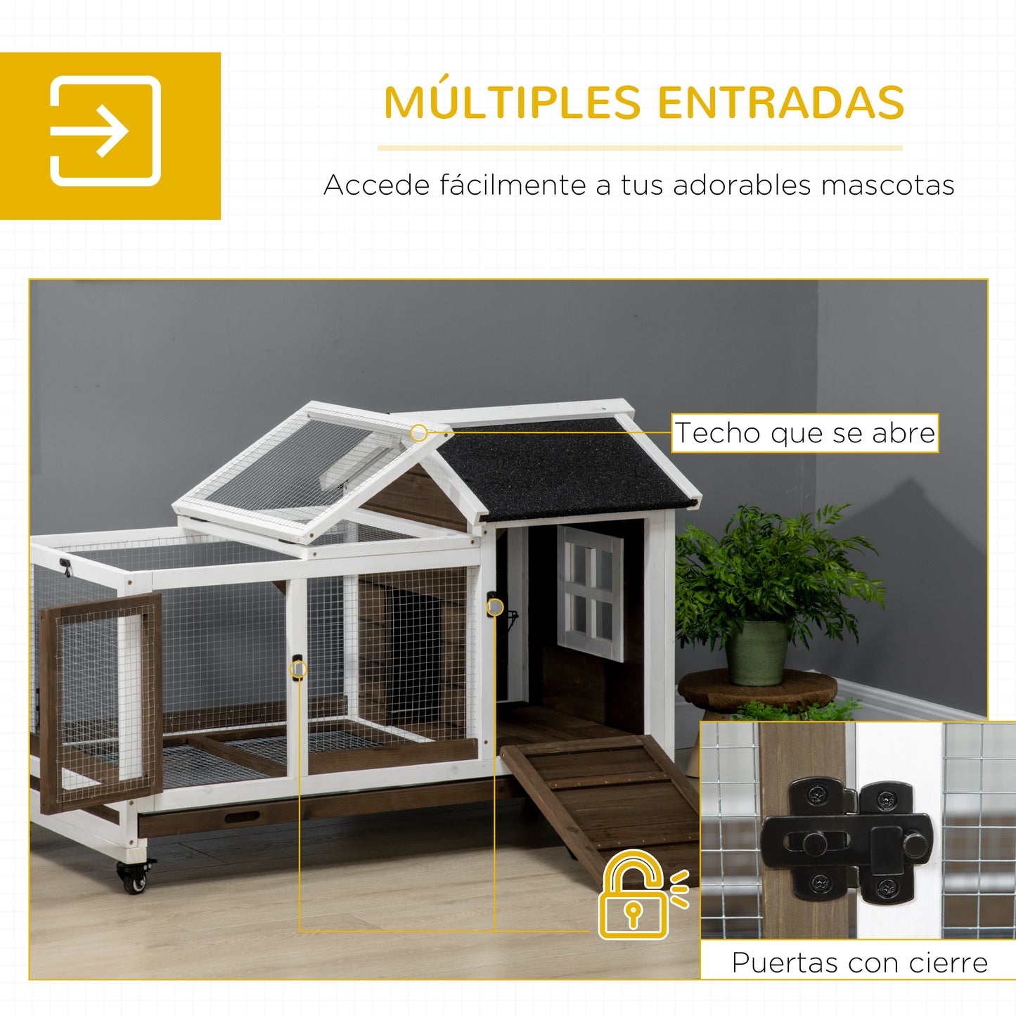 PawHut Conejera de Madera con Ruedas 108x58x73,5 cm Jaula para 1-2 Conejos con Techo Abrible Corral Metálico Bandeja Extraíble Puertas con Pestillo y Rampa Café