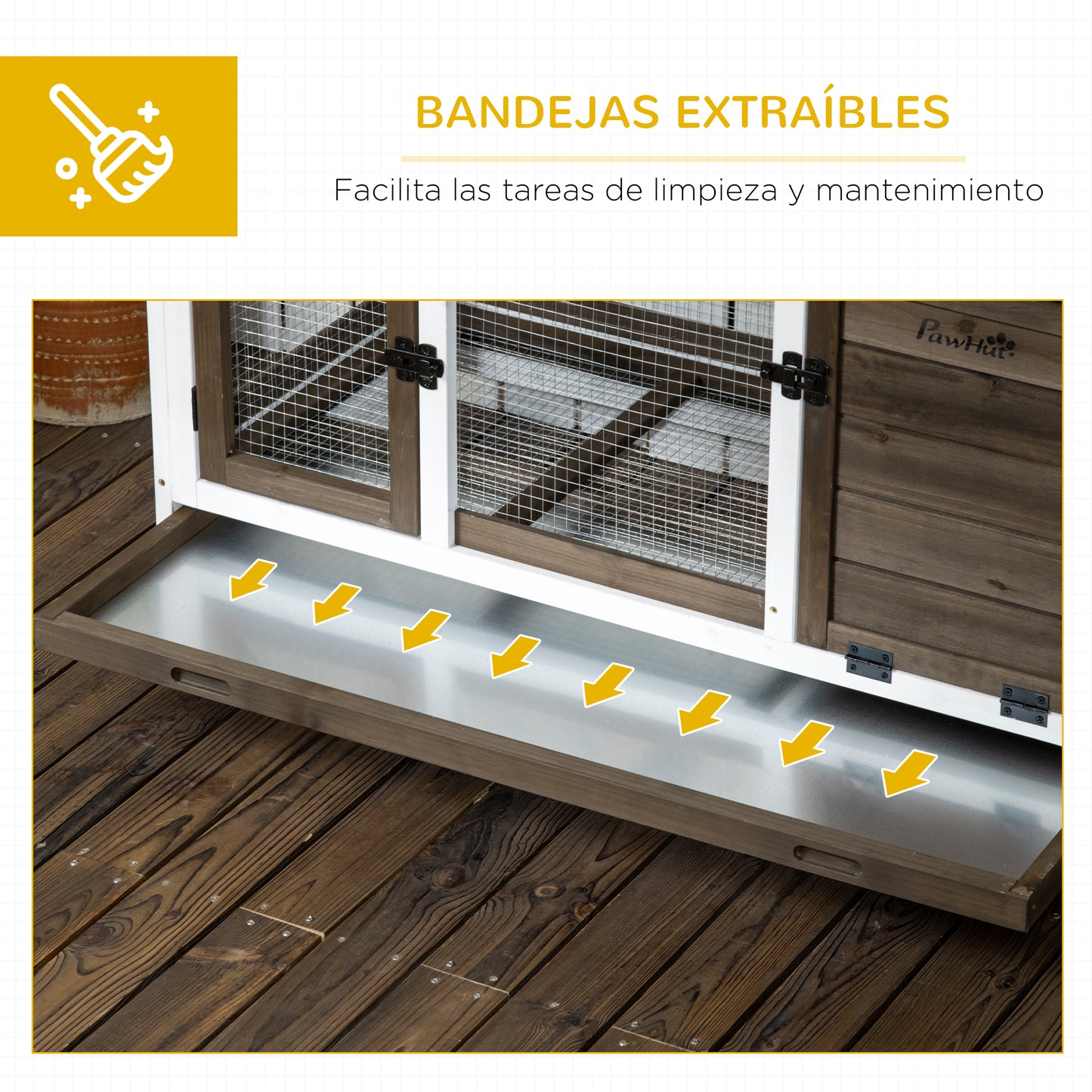 PawHut Conejera de Madera con Ruedas 108x58x73,5 cm Jaula para 1-2 Conejos con Techo Abrible Corral Metálico Bandeja Extraíble Puertas con Pestillo y Rampa Café