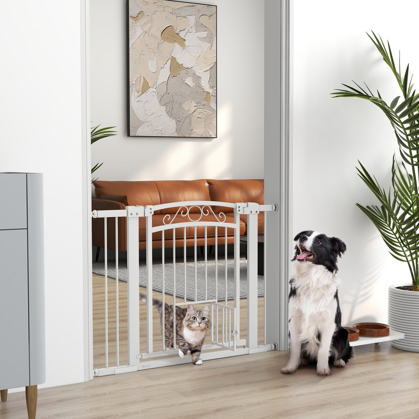 PawHut Barrera para Perros Puerta para Perros con Ancho Ajustable 76-104 cm Barrera de Seguridad para Perros con 2 Extensiones Doble Bloqueo y Puerta Pequeña para Escaleras y Puertas Blanco