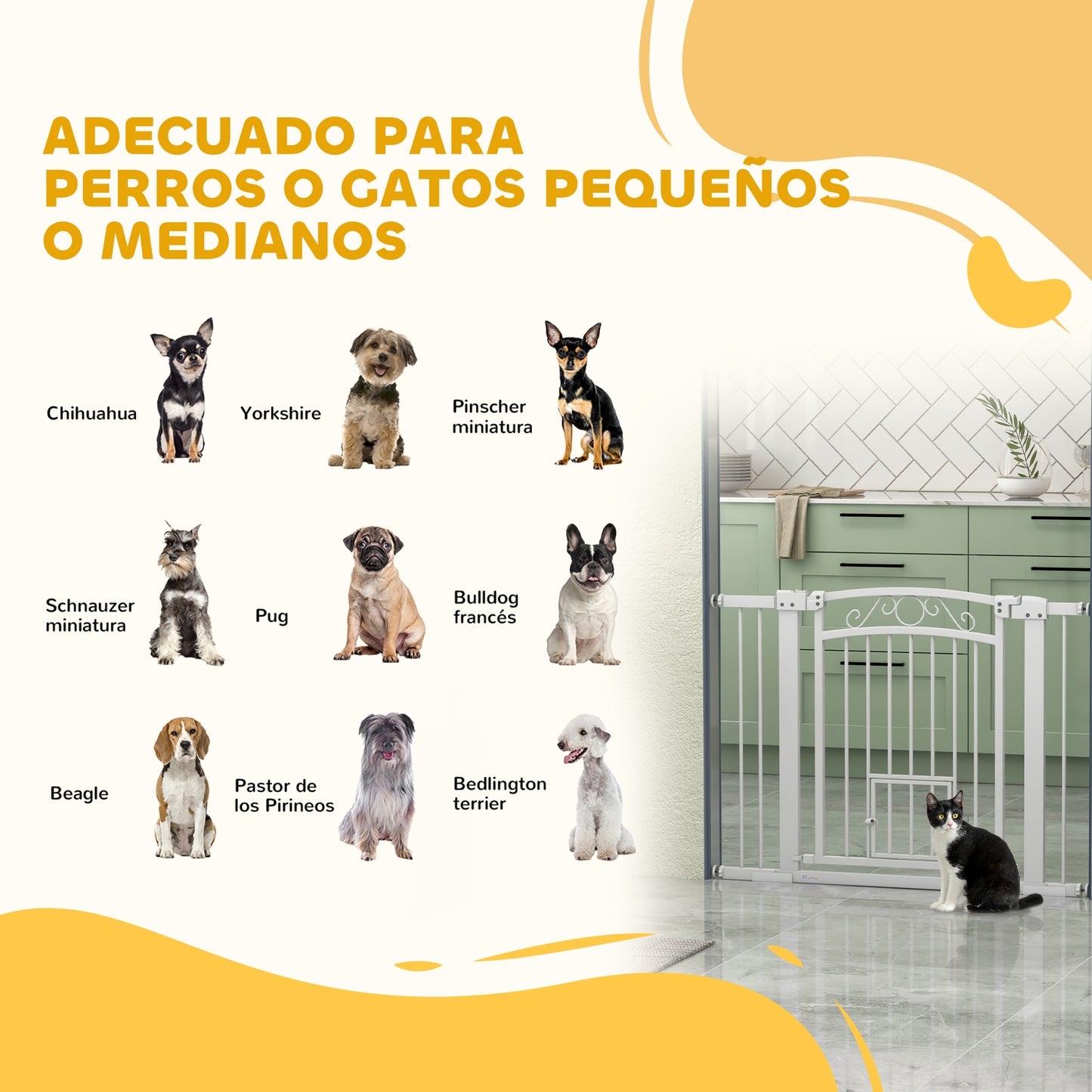 PawHut Barrera para Perros Puerta para Perros con Ancho Ajustable 76-104 cm Barrera de Seguridad para Perros con 2 Extensiones Doble Bloqueo y Puerta Pequeña para Escaleras y Puertas Blanco