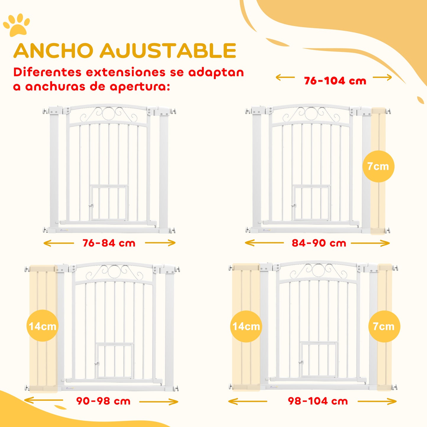 PawHut Barrera para Perros Puerta para Perros con Ancho Ajustable 76-104 cm Barrera de Seguridad para Perros con 2 Extensiones Doble Bloqueo y Puerta Pequeña para Escaleras y Puertas Blanco