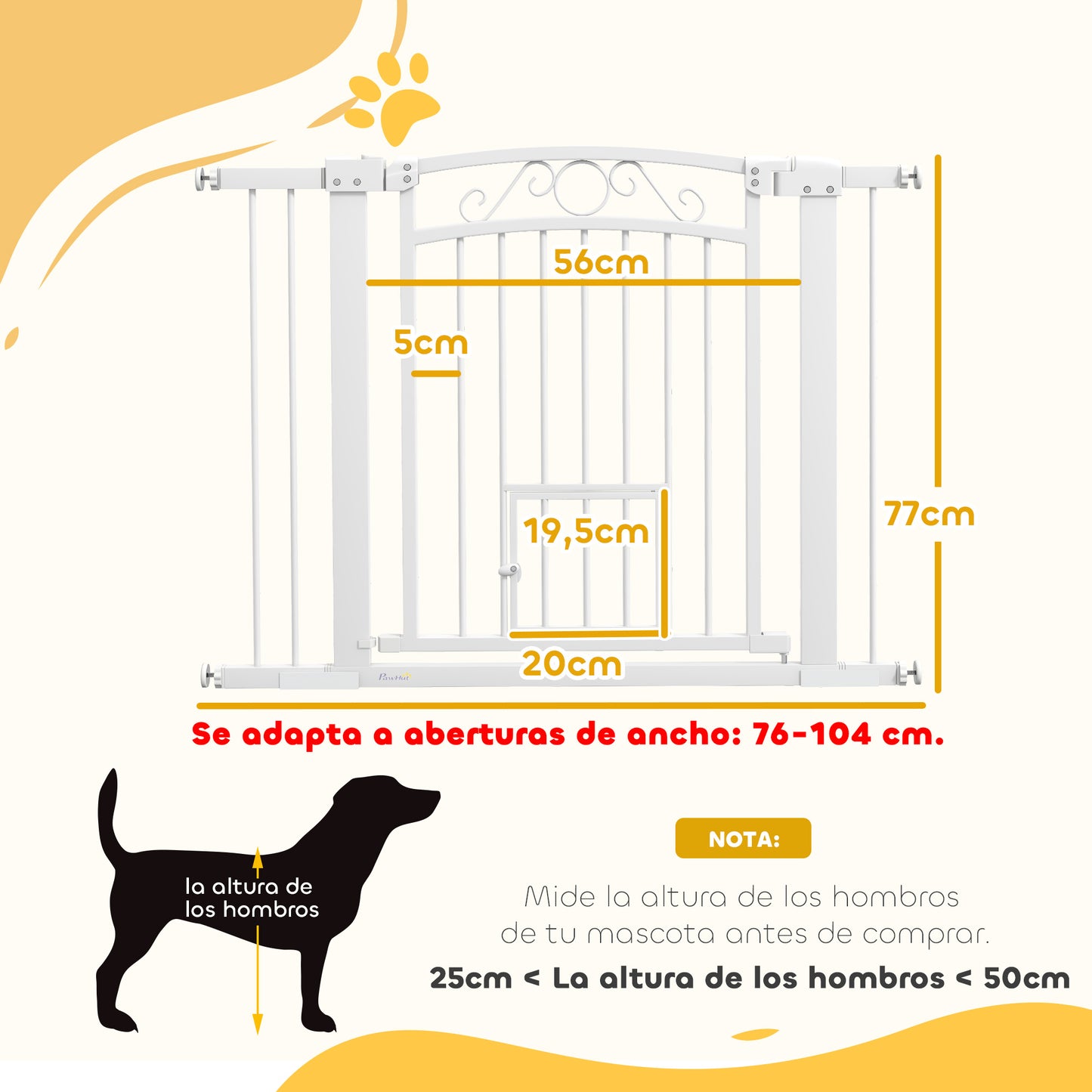 PawHut Barrera para Perros Puerta para Perros con Ancho Ajustable 76-104 cm Barrera de Seguridad para Perros con 2 Extensiones Doble Bloqueo y Puerta Pequeña para Escaleras y Puertas Blanco