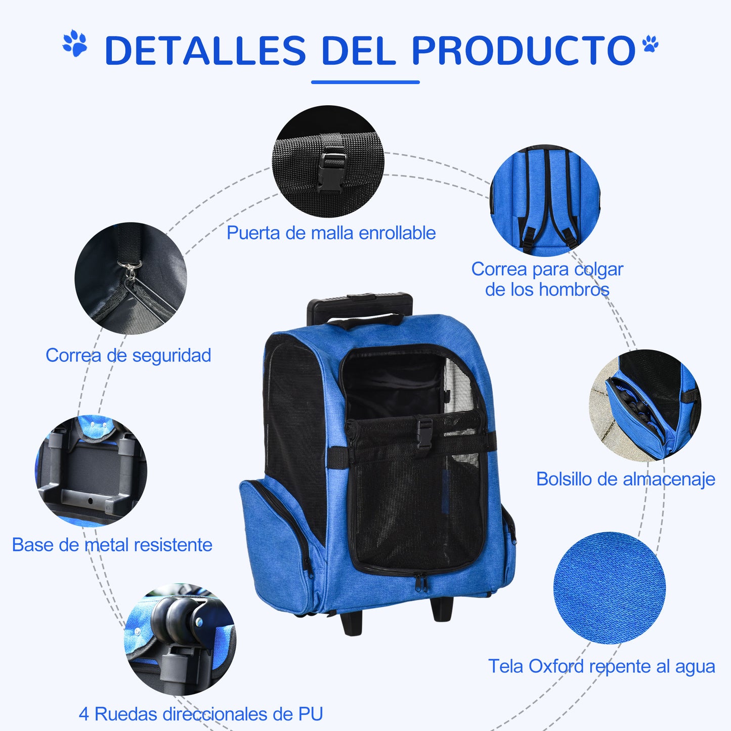 PawHut Transportín Carrito para Mascotas 2 en 1 Mochila de Viaje con 2 Ruedas para Perros Gatos con Asa Retráctil de Aluminio y Bolsillos de Almacenaje 42x25x55 cm Azul