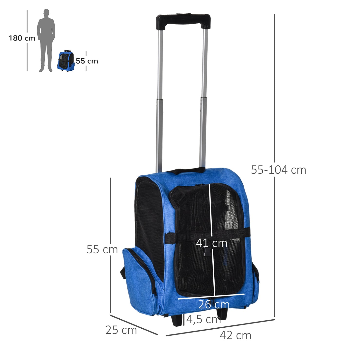 PawHut Transportín Carrito para Mascotas 2 en 1 Mochila de Viaje con 2 Ruedas para Perros Gatos con Asa Retráctil de Aluminio y Bolsillos de Almacenaje 42x25x55 cm Azul