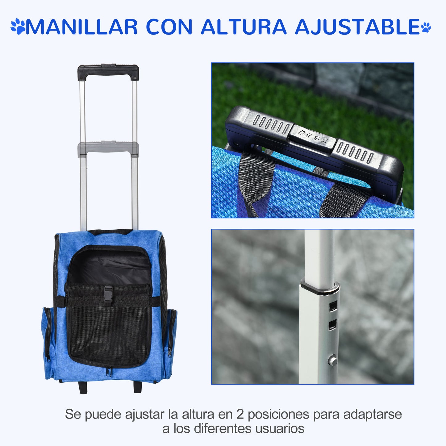 PawHut Transportín Carrito para Mascotas 2 en 1 Mochila de Viaje con 2 Ruedas para Perros Gatos con Asa Retráctil de Aluminio y Bolsillos de Almacenaje 42x25x55 cm Azul