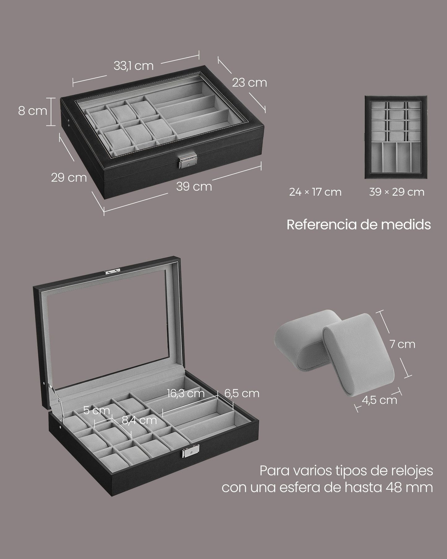 Caja de Relojes con 16 Ranuras Forro Gris Paloma y Superficie Negro Tinta-SONGMICS