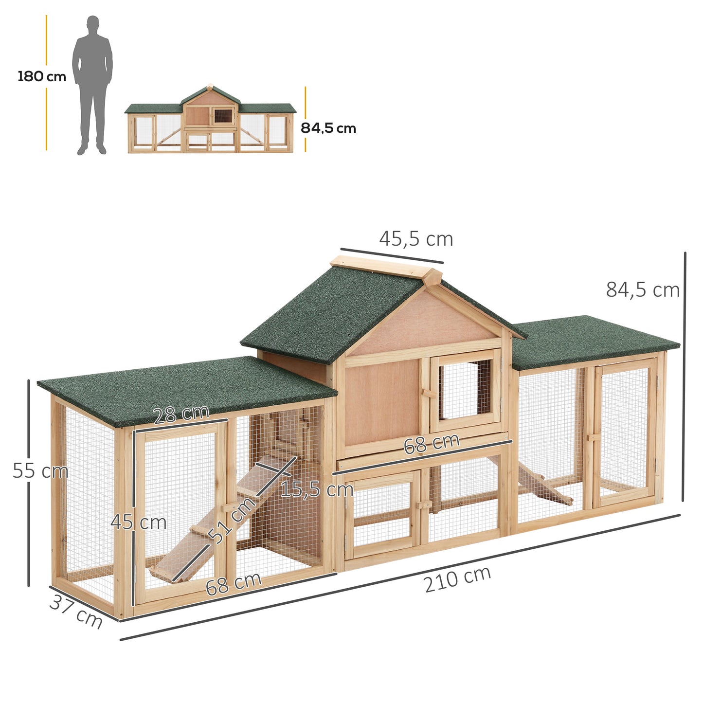 PawHut Conejera de Exterior Grande Jaula de Madera para 2-4 Conejos con Techo Asfáltico Recinto de Alambre Bandeja Extraíble y Rampas 210x45,5x84,5 cm Natural y Verde