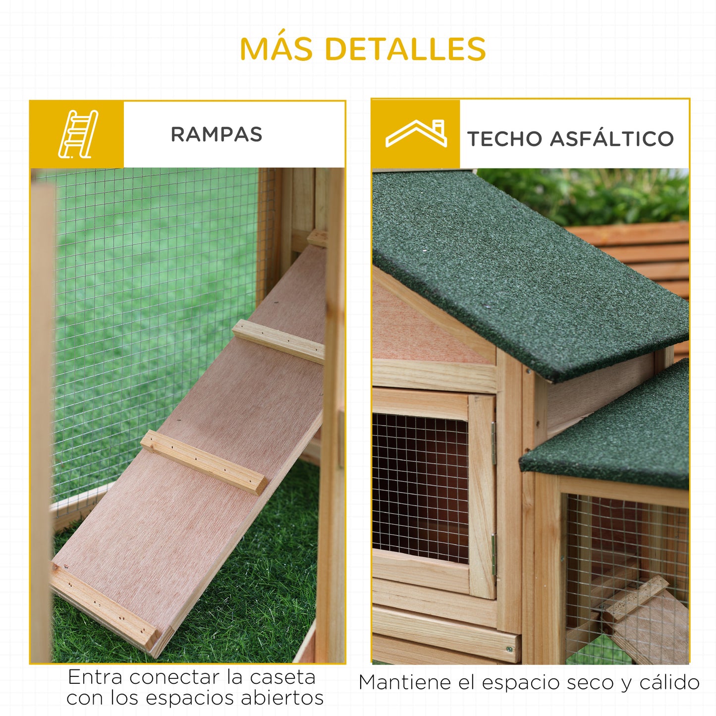 PawHut Conejera de Exterior Grande Jaula de Madera para 2-4 Conejos con Techo Asfáltico Recinto de Alambre Bandeja Extraíble y Rampas 210x45,5x84,5 cm Natural y Verde