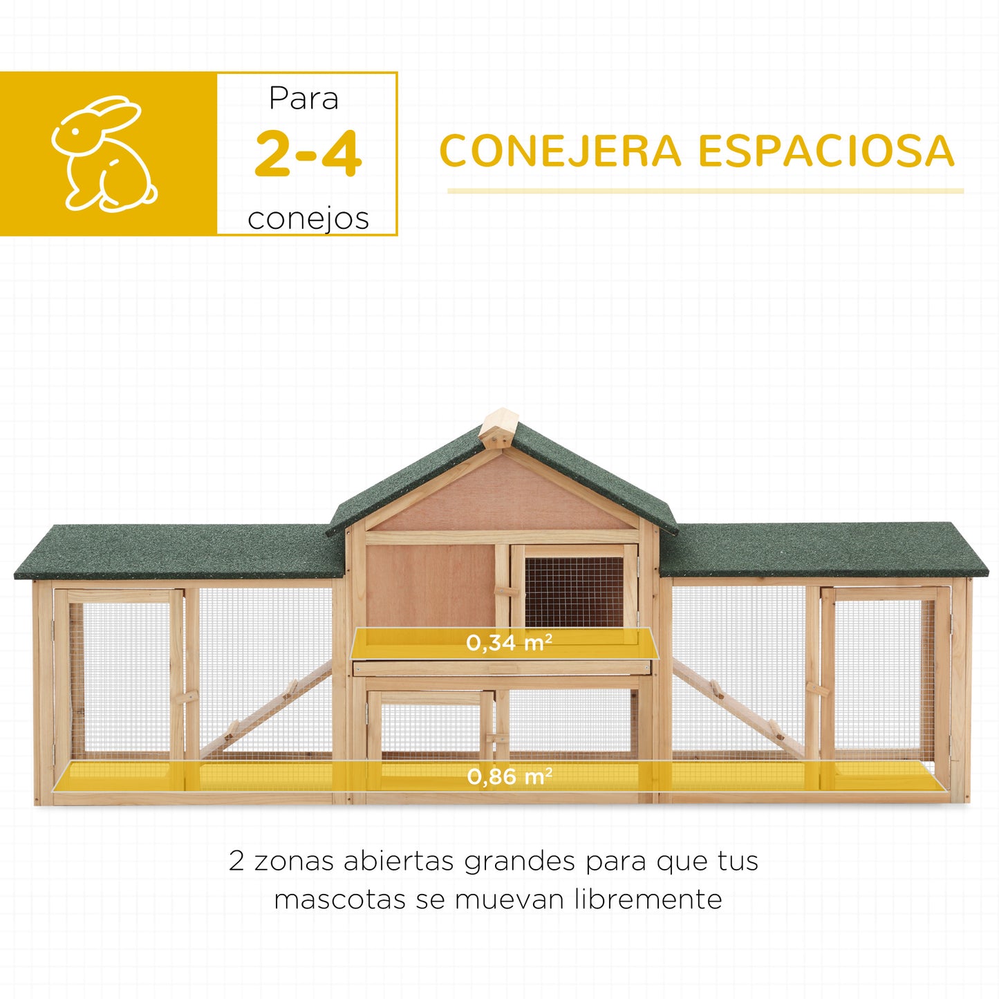 PawHut Conejera de Exterior Grande Jaula de Madera para 2-4 Conejos con Techo Asfáltico Recinto de Alambre Bandeja Extraíble y Rampas 210x45,5x84,5 cm Natural y Verde