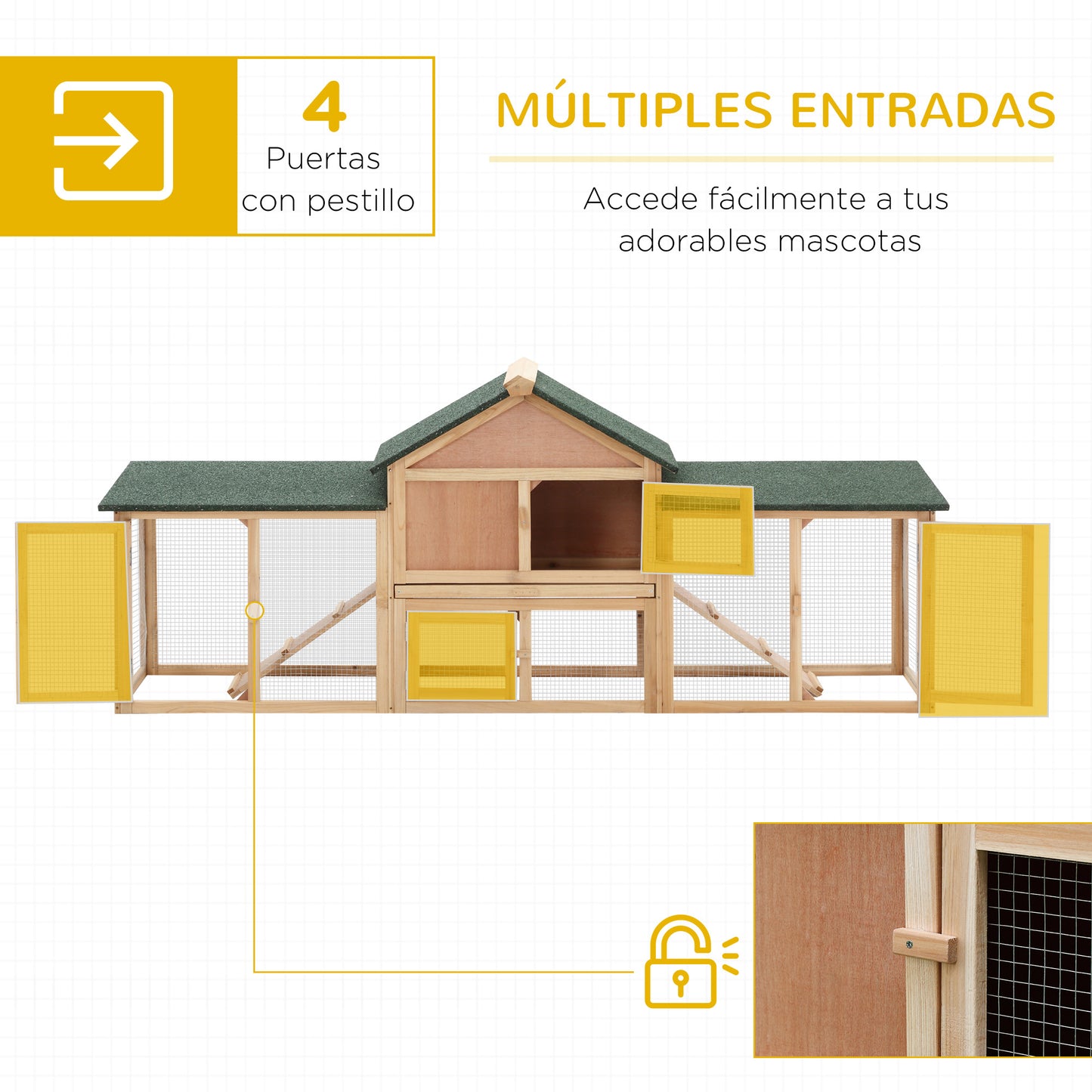 PawHut Conejera de Exterior Grande Jaula de Madera para 2-4 Conejos con Techo Asfáltico Recinto de Alambre Bandeja Extraíble y Rampas 210x45,5x84,5 cm Natural y Verde