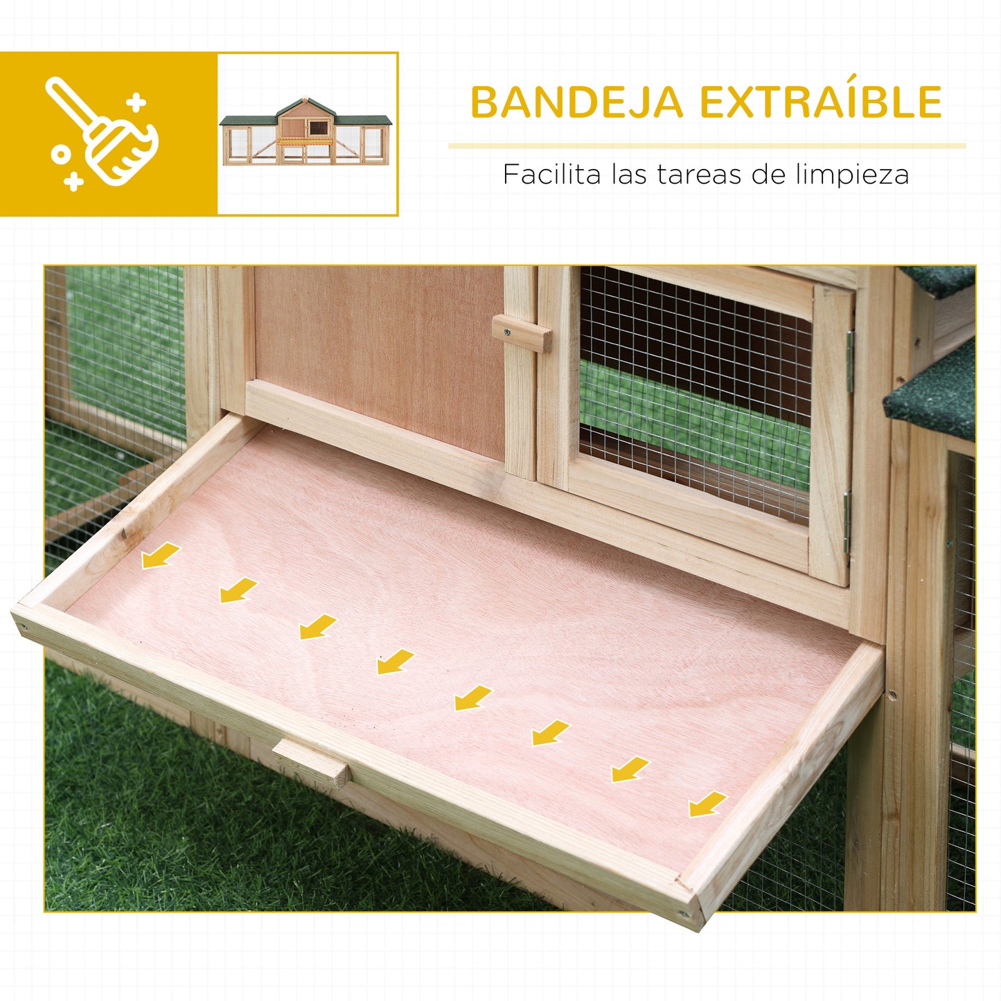 PawHut Conejera de Exterior Grande Jaula de Madera para 2-4 Conejos con Techo Asfáltico Recinto de Alambre Bandeja Extraíble y Rampas 210x45,5x84,5 cm Natural y Verde