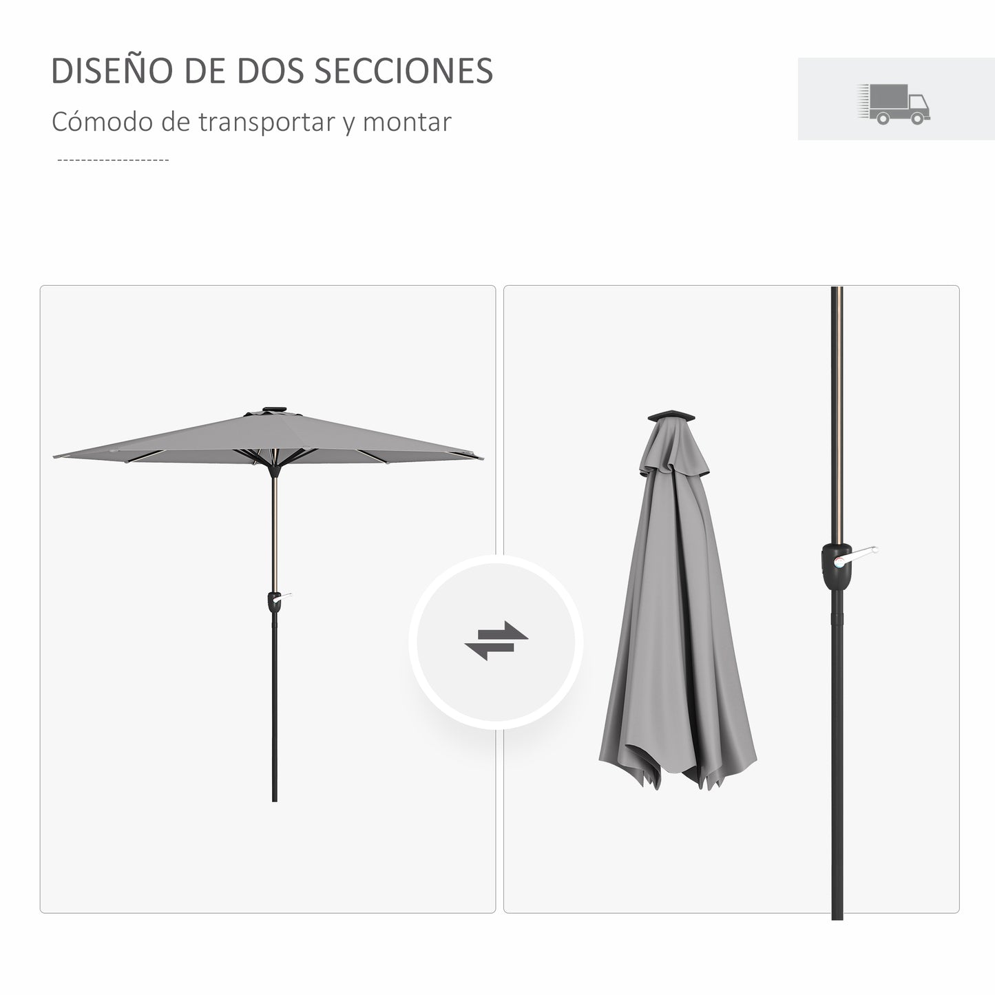 Outsunny Sombrilla de Jardín Ø265x240 cm Parasol de Terraza con Luces LED Solares Manivela e Impermeable para Piscina Patio Gris Claro