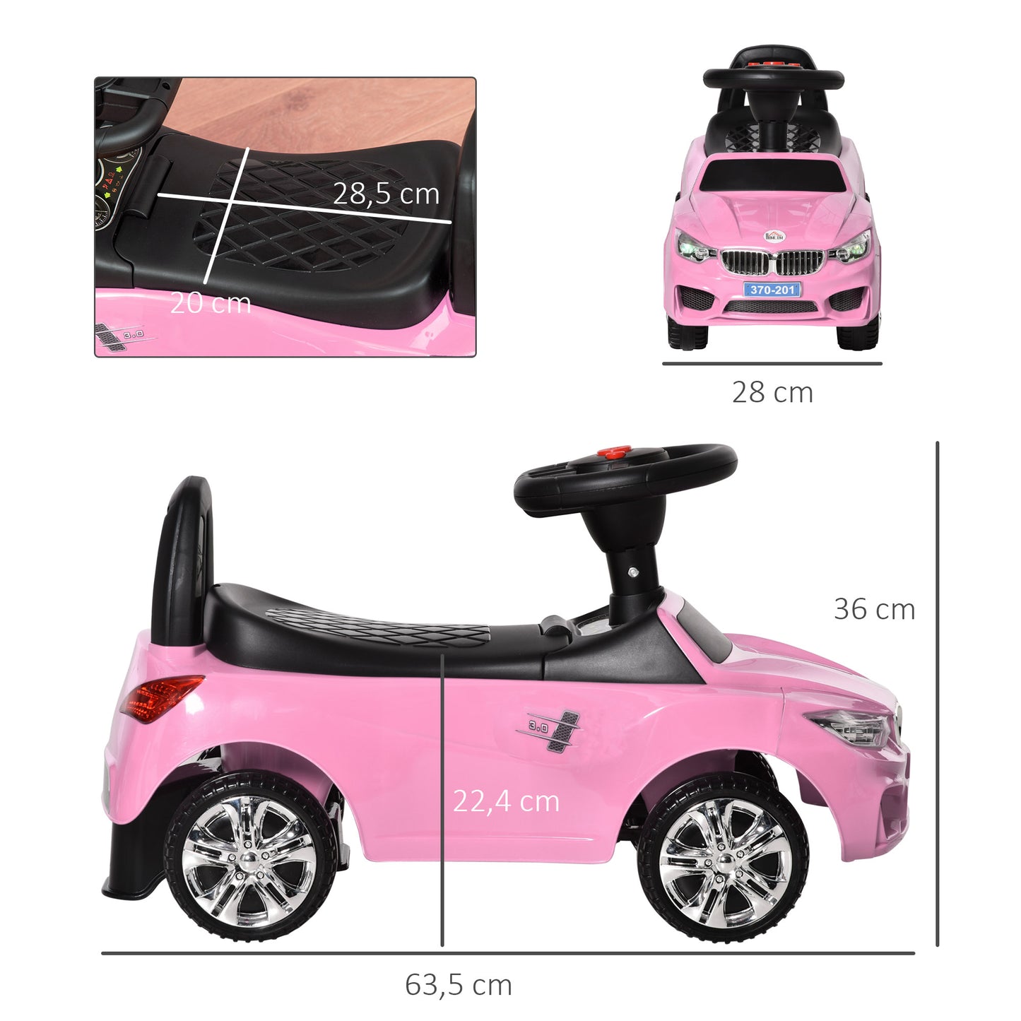 HOMCOM Coche Correpasillos para Niños de 18-36 Meses con Faros Música Bocina Volante Espacio de Almacenaje y Asa para Empujar 63,5x28x36 cm Rosa