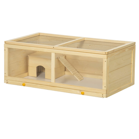 PawHut Jaula para Hámster de Madera 100x58x38 cm Casa para Roedores con Tapa Abatible Panel de Acrílico Bandeja Extraíble y Cabaña para Conejos Chinchillas Natural