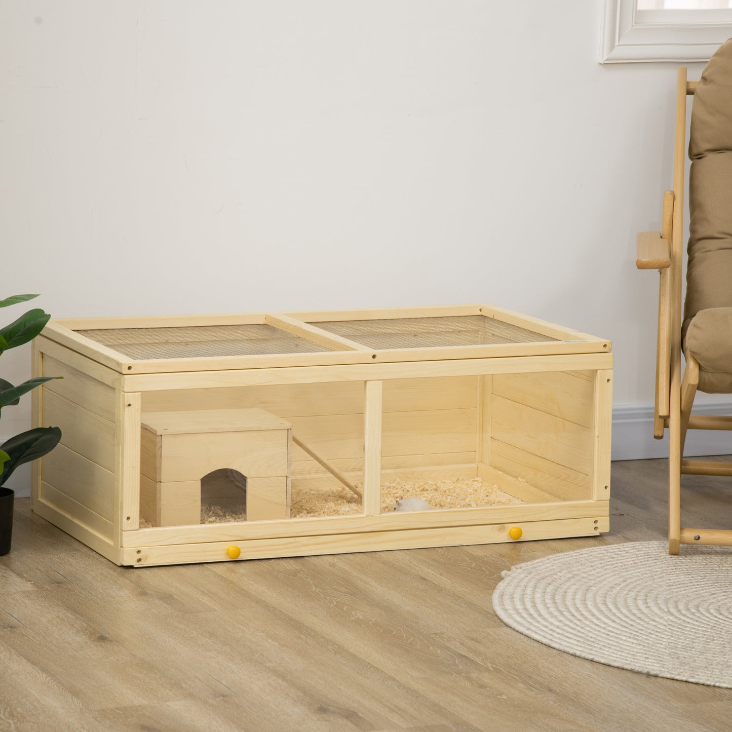 PawHut Jaula para Hámster de Madera 100x58x38 cm Casa para Roedores con Tapa Abatible Panel de Acrílico Bandeja Extraíble y Cabaña para Conejos Chinchillas Natural