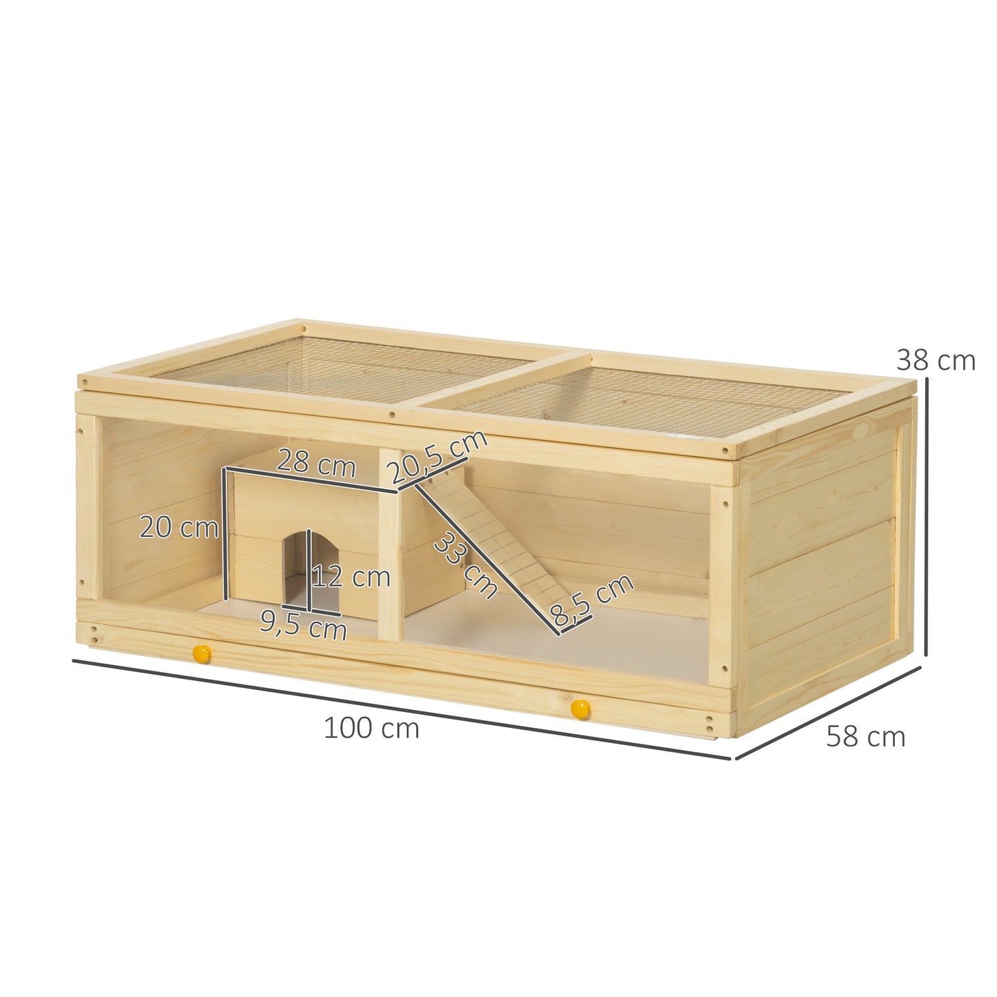 PawHut Jaula para Hámster de Madera 100x58x38 cm Casa para Roedores con Tapa Abatible Panel de Acrílico Bandeja Extraíble y Cabaña para Conejos Chinchillas Natural