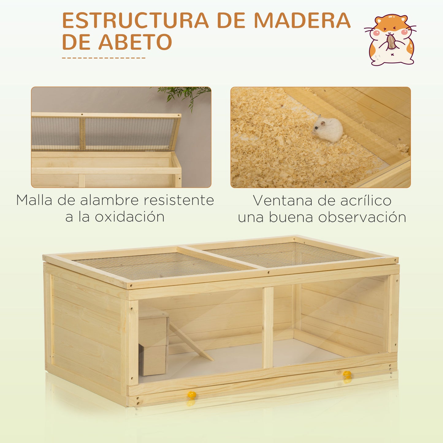 PawHut Jaula para Hámster de Madera 100x58x38 cm Casa para Roedores con Tapa Abatible Panel de Acrílico Bandeja Extraíble y Cabaña para Conejos Chinchillas Natural