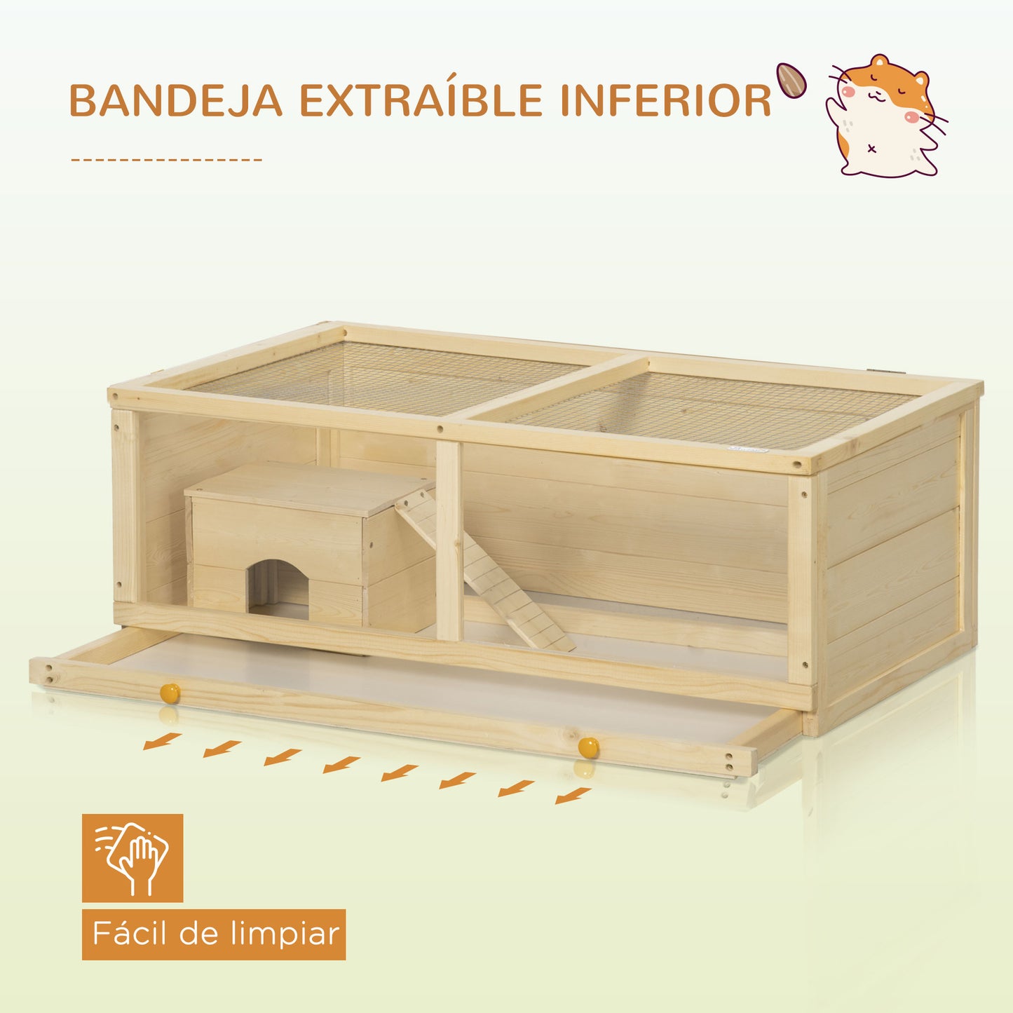 PawHut Jaula para Hámster de Madera 100x58x38 cm Casa para Roedores con Tapa Abatible Panel de Acrílico Bandeja Extraíble y Cabaña para Conejos Chinchillas Natural