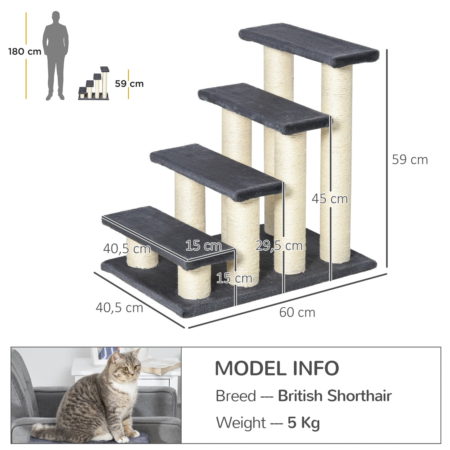 PawHut Escalera para Mascotas 60x42x61 cm Escalera para Gatos Perros Mayores Enfermos Pequeños Cubierta Suave de Peluche Rascador de Sisal Estable 4 Pasos Gris