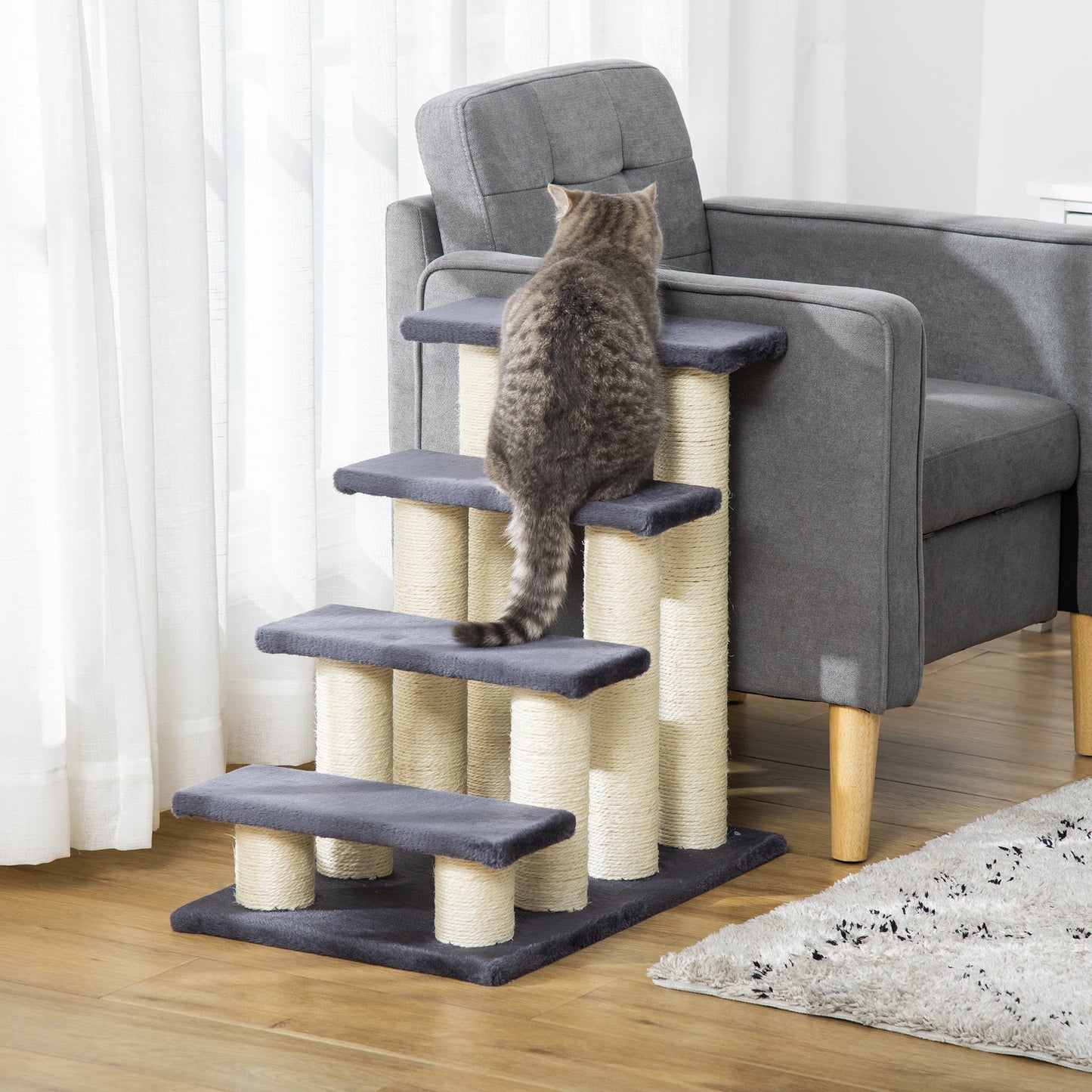 PawHut Escalera para Mascotas 60x42x61 cm Escalera para Gatos Perros Mayores Enfermos Pequeños Cubierta Suave de Peluche Rascador de Sisal Estable 4 Pasos Gris