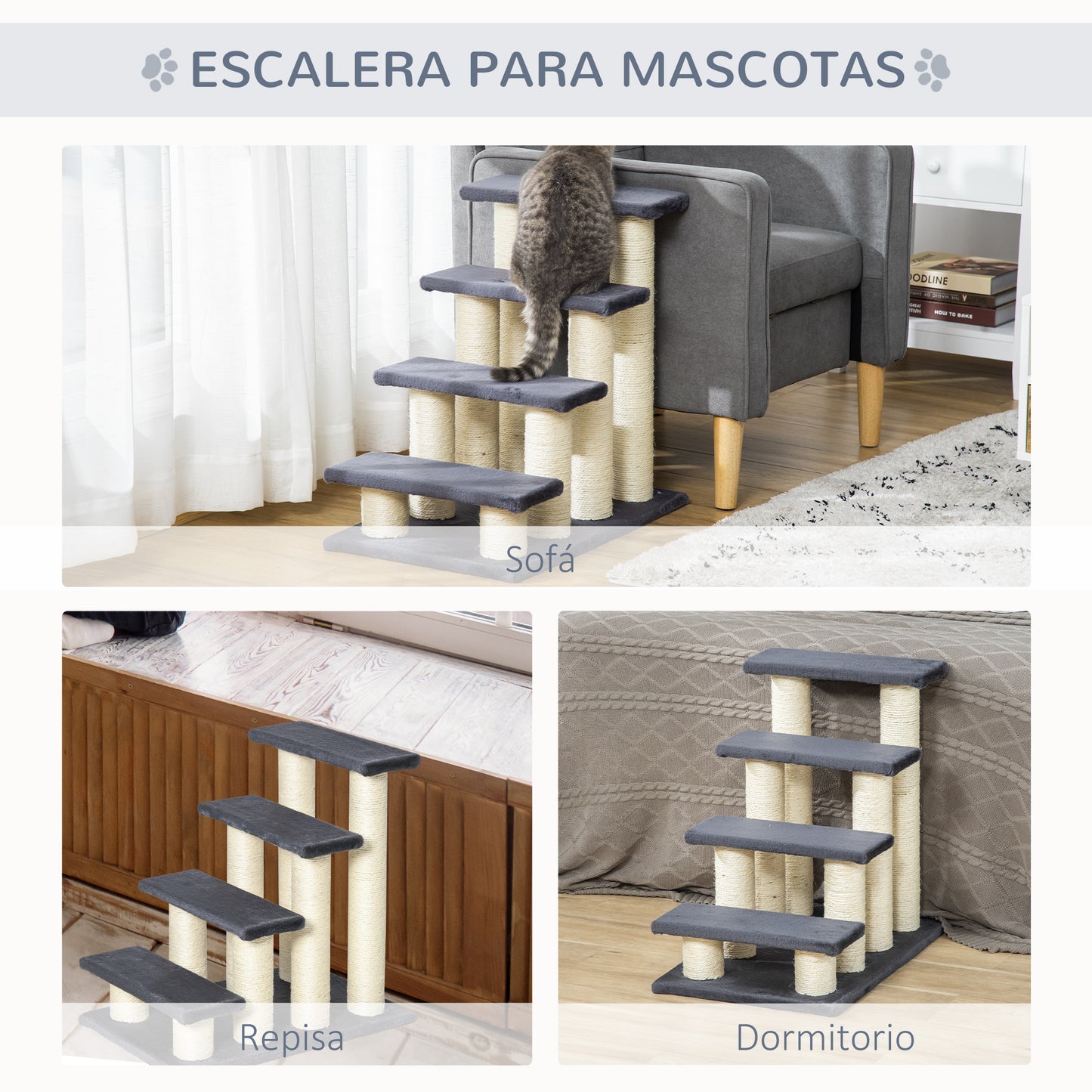 PawHut Escalera para Mascotas 60x42x61 cm Escalera para Gatos Perros Mayores Enfermos Pequeños Cubierta Suave de Peluche Rascador de Sisal Estable 4 Pasos Gris