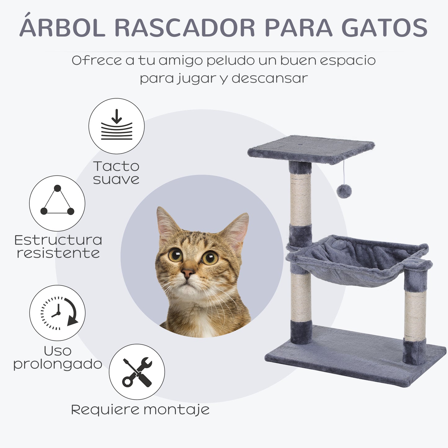 PawHut Árbol Rascador para Gatos Torre para Gatos 50x36x70 cm Centro de Actividad con Hamaca Plataforma Postes de Sisal y Bola Colgante Gris