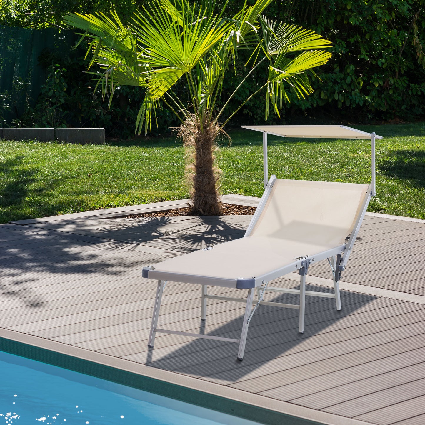 Outsunny Tumbona Plegable y Reclinable de Aluminio con Toldo Incorporado para Piscina Jardín Terraza Exterior Carga 120 kg 169x72x50/70 cm Beige