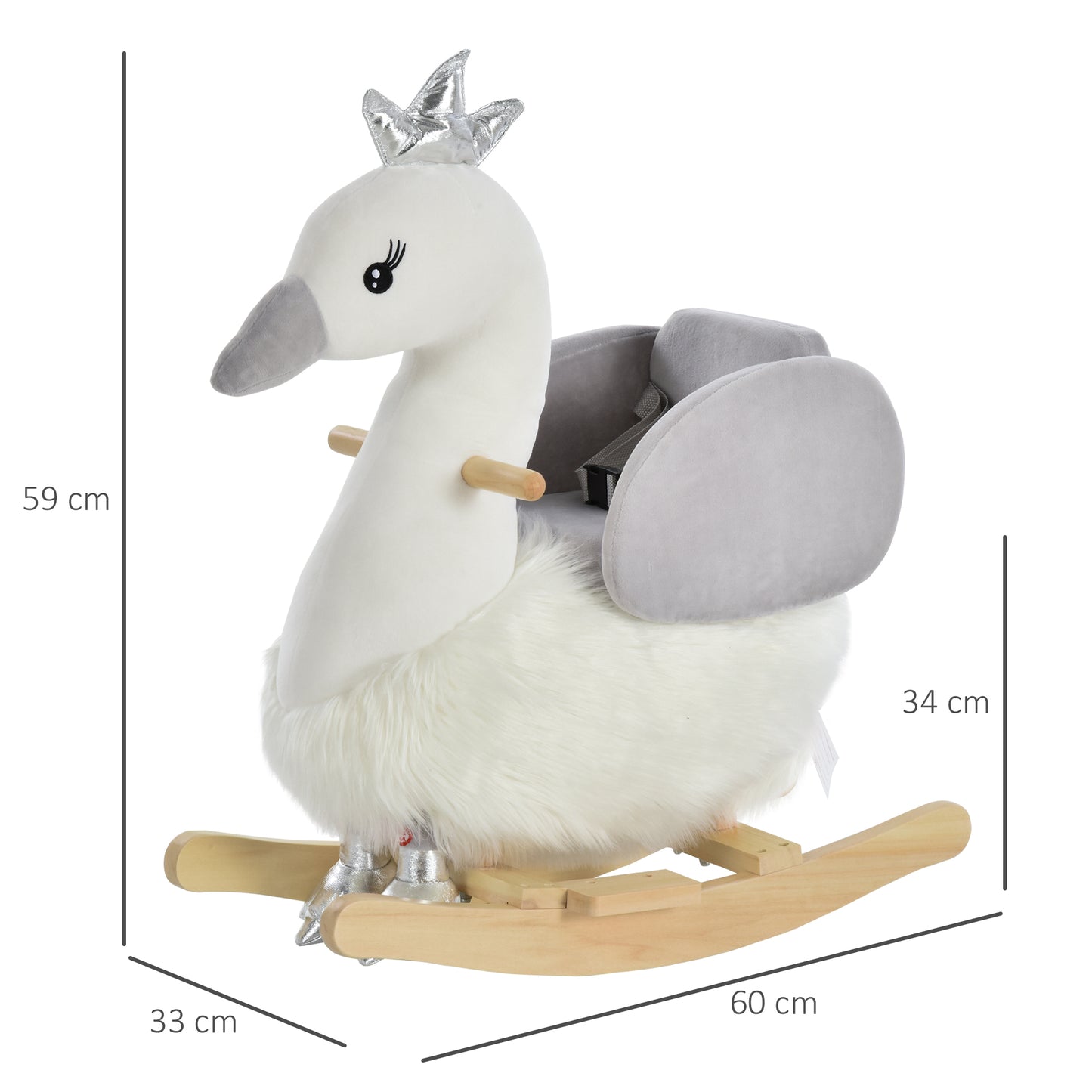 HOMCOM Caballito Balancín para Bebé de +18 Meses Suave con Forma de Cisne Sonidos Reposapiés y Cinturón 60x33x59 cm Blanco y Gris