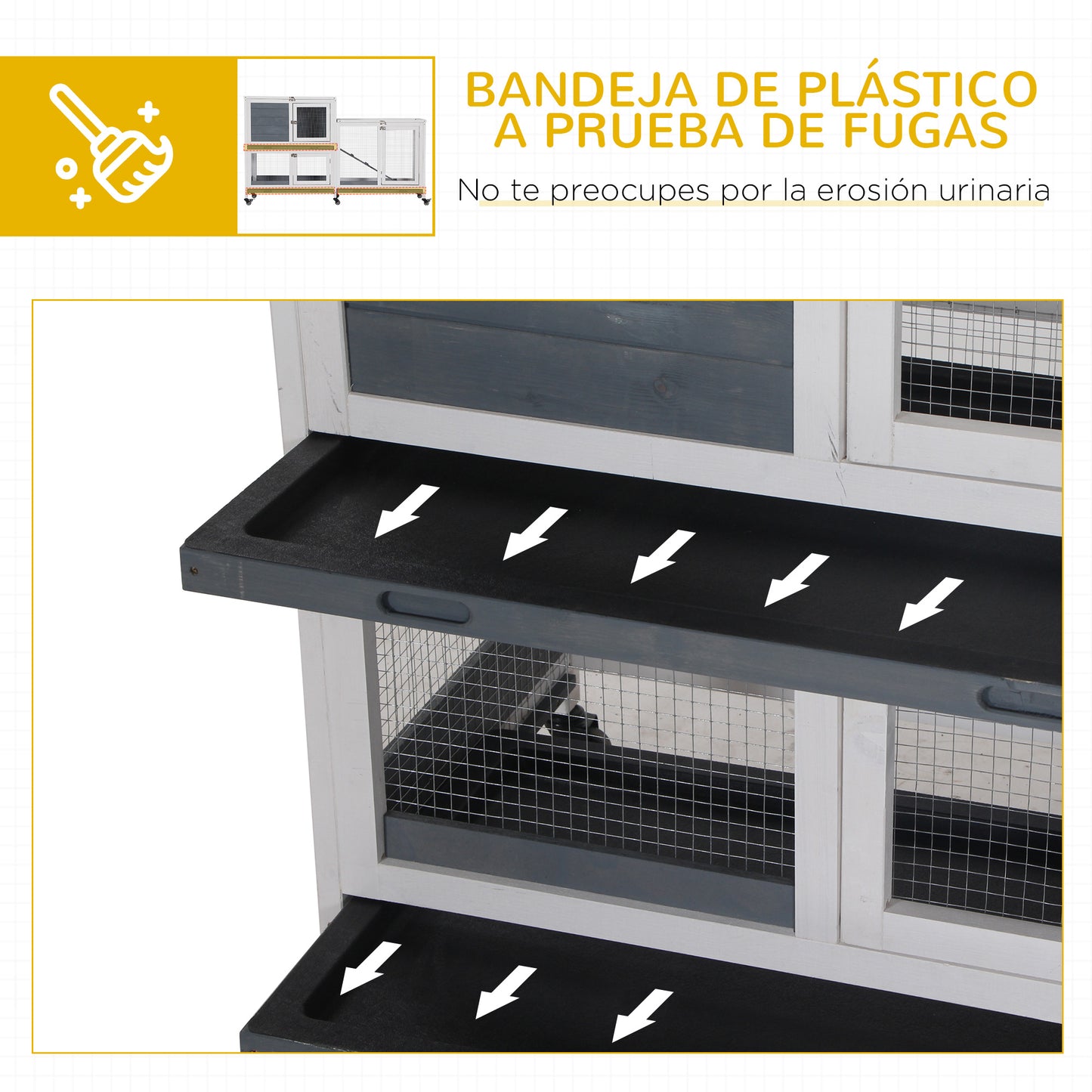 PawHut Conejera de Madera con Ruedas 147x45,5x88,5 cm Jaula para Conejos de 2 Niveles con Techo Abrible 2 Corrales de Metal 3 Bandejas Extraíbles 3 Puertas con Pestillo y Rampa Gris