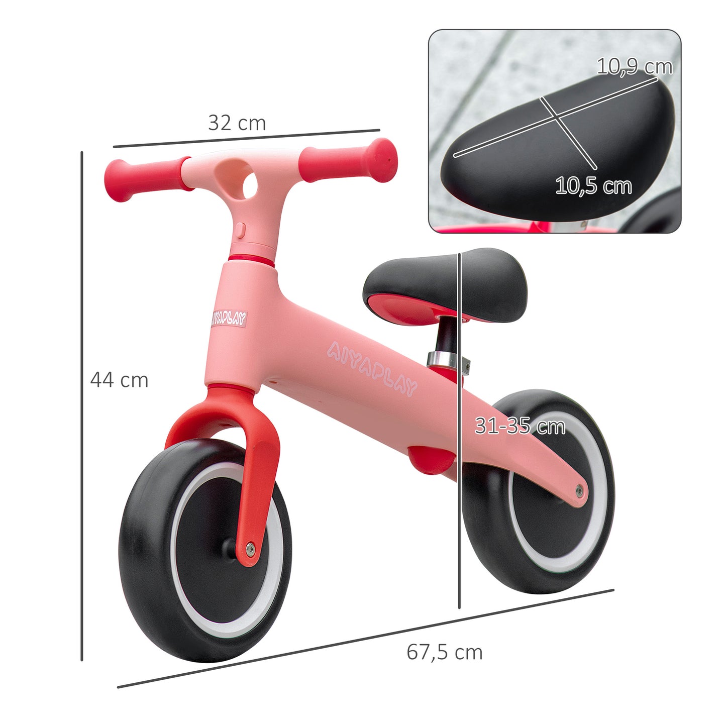 AIYAPLAY Bicicleta sin Pedales para Niños de 18-36 Meses Bicicleta de Equilibrio con Asiento Ajustable en Altura Carga 25 kg 67,5x32x44 cm Rosa