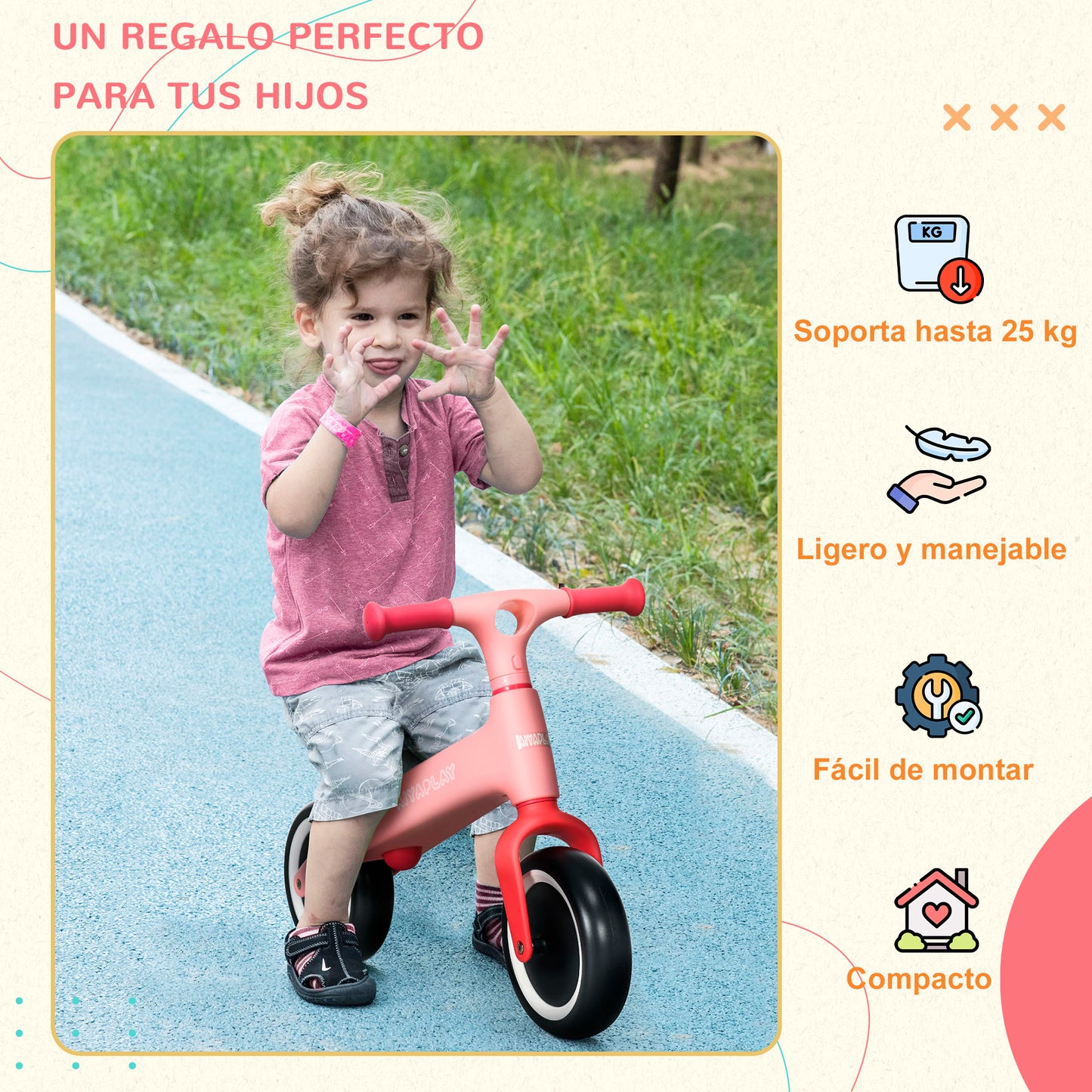 AIYAPLAY Bicicleta sin Pedales para Niños de 18-36 Meses Bicicleta de Equilibrio con Asiento Ajustable en Altura Carga 25 kg 67,5x32x44 cm Rosa