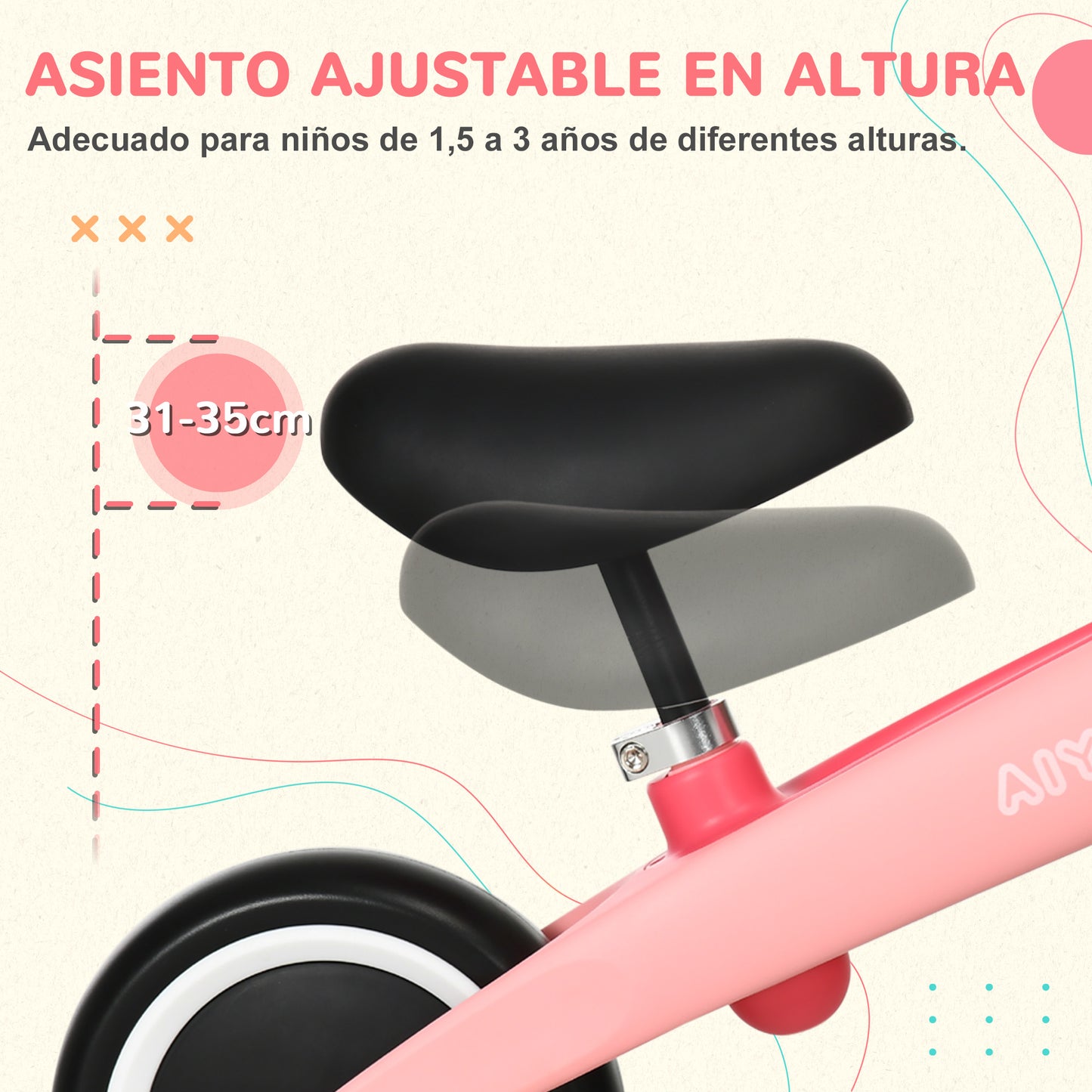 AIYAPLAY Bicicleta sin Pedales para Niños de 18-36 Meses Bicicleta de Equilibrio con Asiento Ajustable en Altura Carga 25 kg 67,5x32x44 cm Rosa