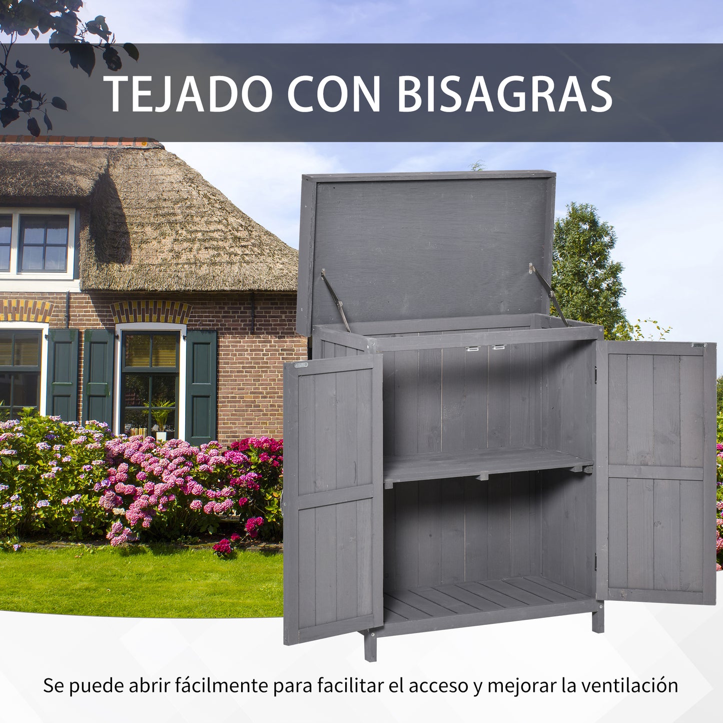 Outsunny Armario de Jardín de Madera 74x43x88 cm Cobertizo Exterior para Almacenamiento de Herramientas Leñas con 2 Puertas y Techo Asfáltico Abatible Gris