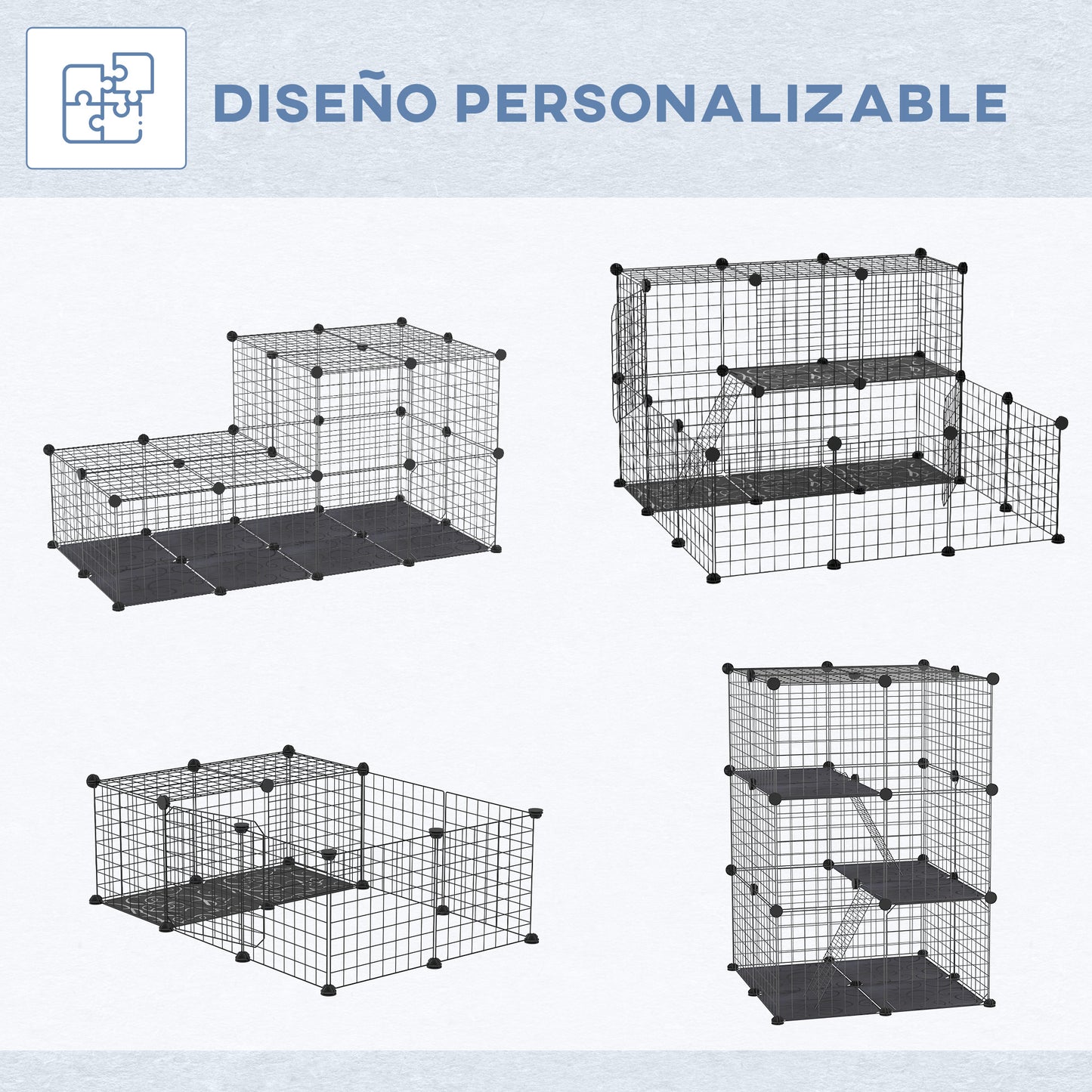 PawHut Jaula para Animales Pequeños de 3 Niveles Parque para Mascotas con 39 Paneles 35x35 cm Rampas y Forma Personalizable para Cobayas Conejos Chinchillas 70x70x105 cm Negro